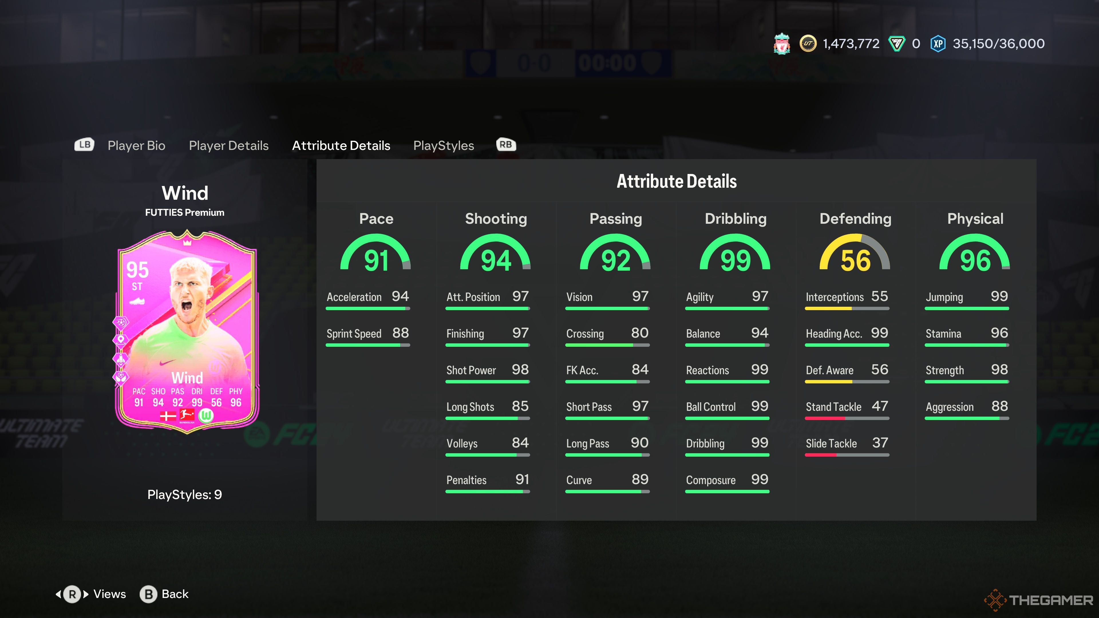 The Jonas Wind FUTTIES Challenge Card attributes in the EA Sports FC 24 menu.