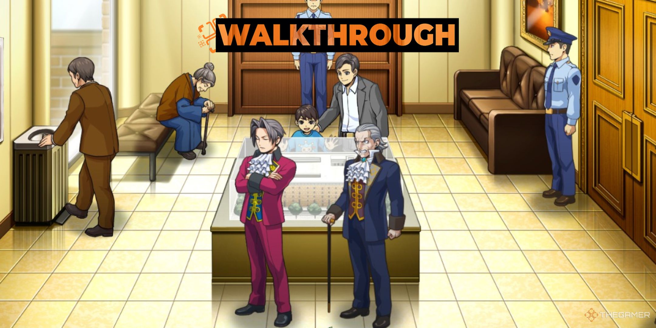 Edgeworth and Manfred in Ace Attorney Investigations with the walkthrough logo on top.