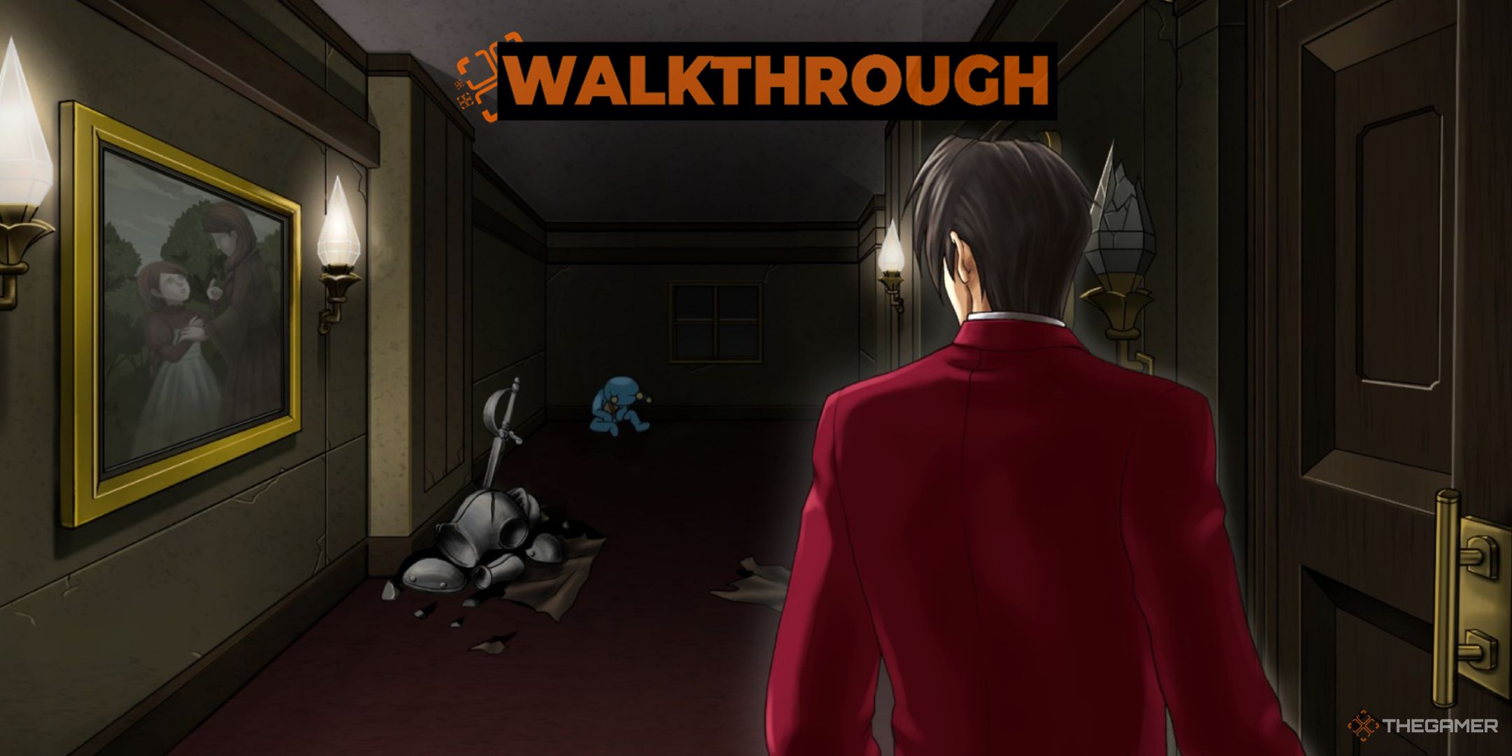 Edgeworth in a Haunted House from Ace Attorney Investigations Episode 3 with the Walkthrough logo on top.