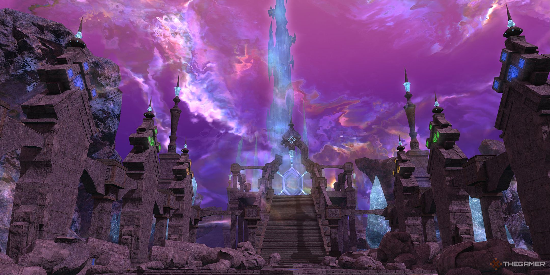 The entrance to the Eureka Orthos Deep Dungeon, with the Crystal Tower in the background.