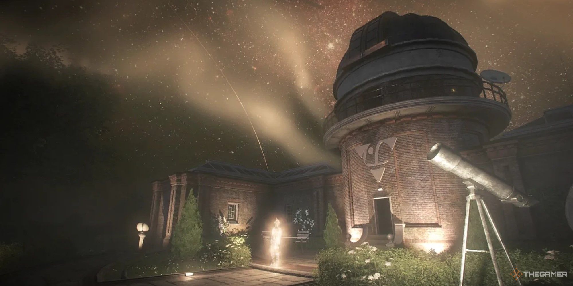 A screenshot from Everybody's Gone To The Rapture. A strange orange figure stands in front of an observatory at night.