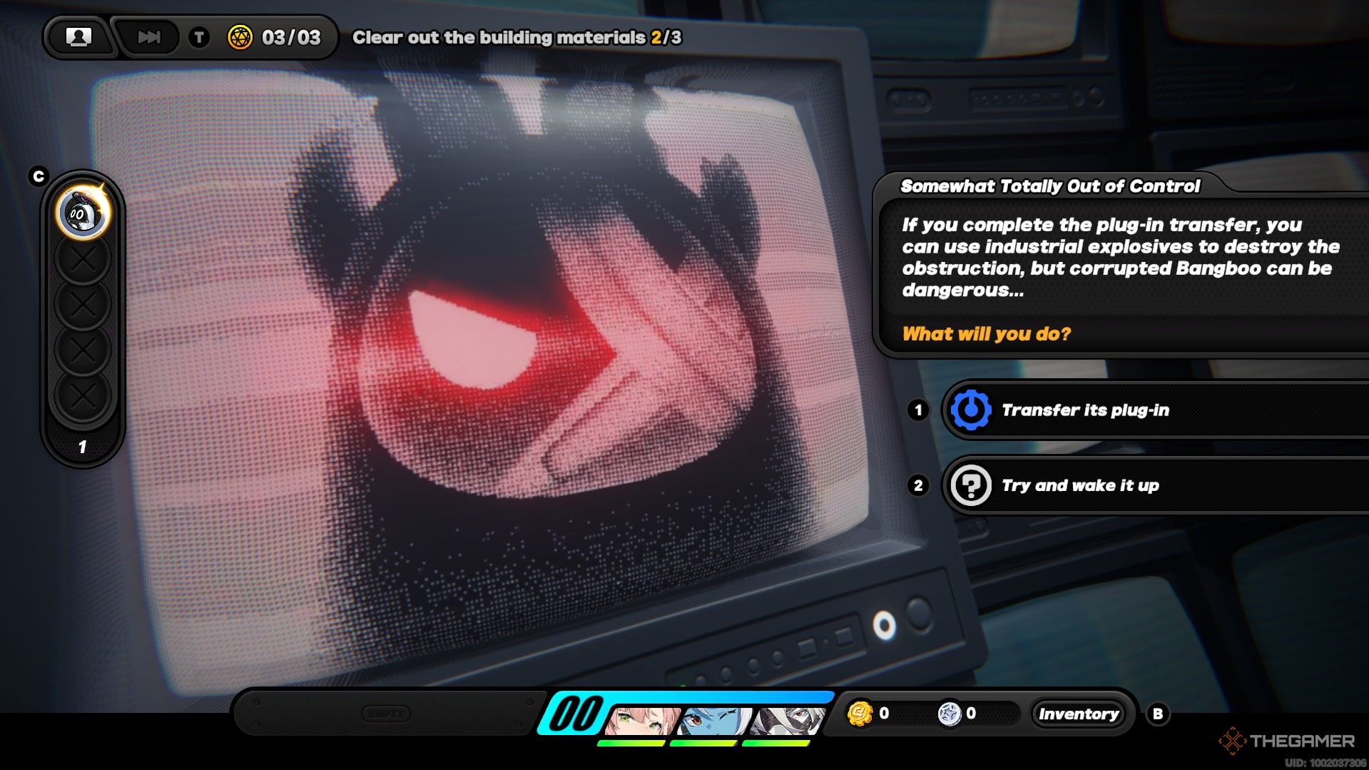 A bangboo with one glowing red eye and one bandaged eye on a television screen in Zenless Zone Zero.