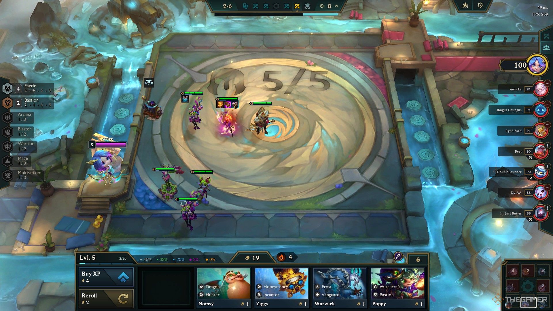 The early game of the Faerie Katarina team in Teamfight Tactics Set 12.