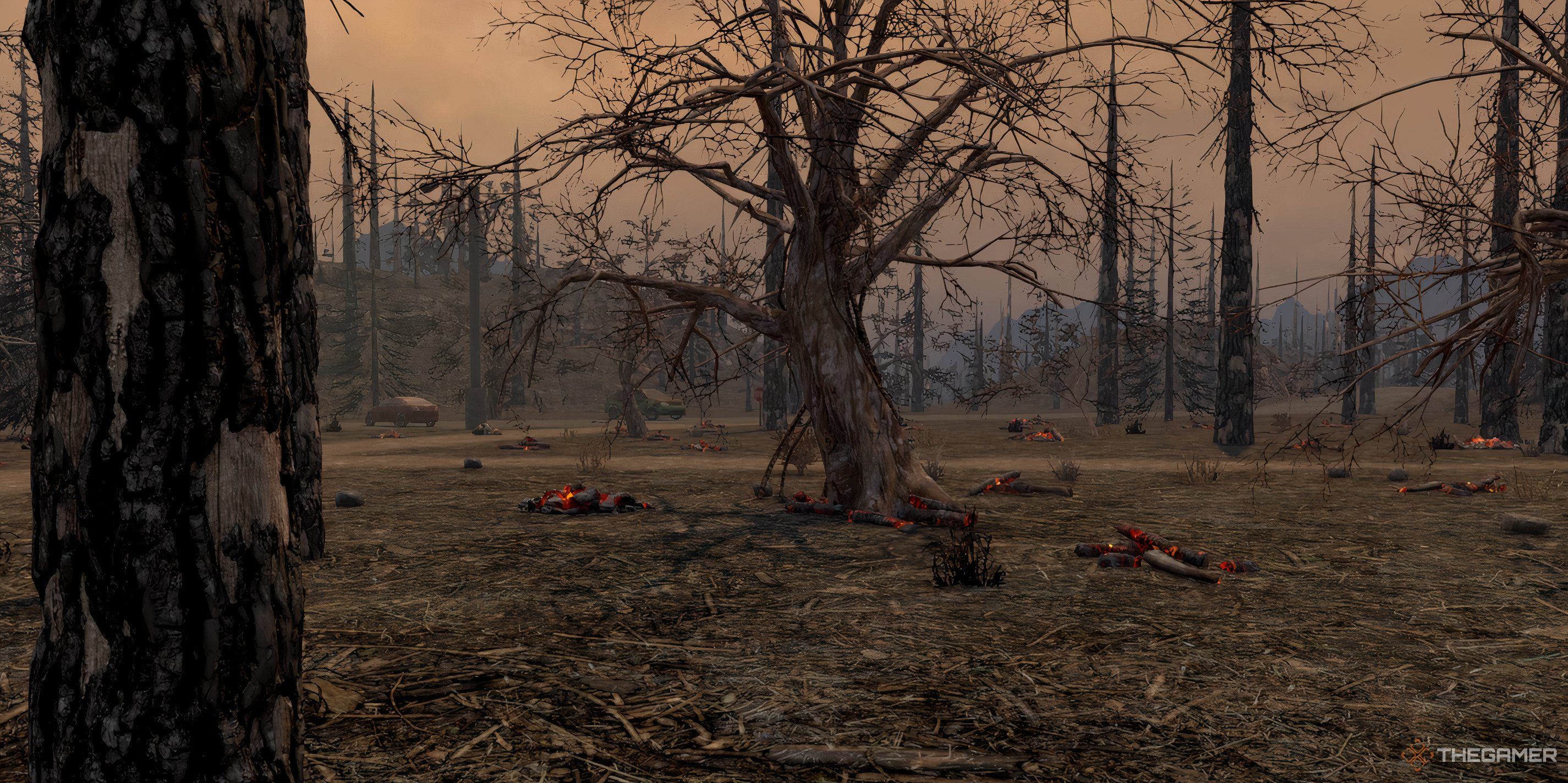 View of the Burnt Forest biome with lots of charred trees, no grass, and piles of charred wood in 7 Days To Die.