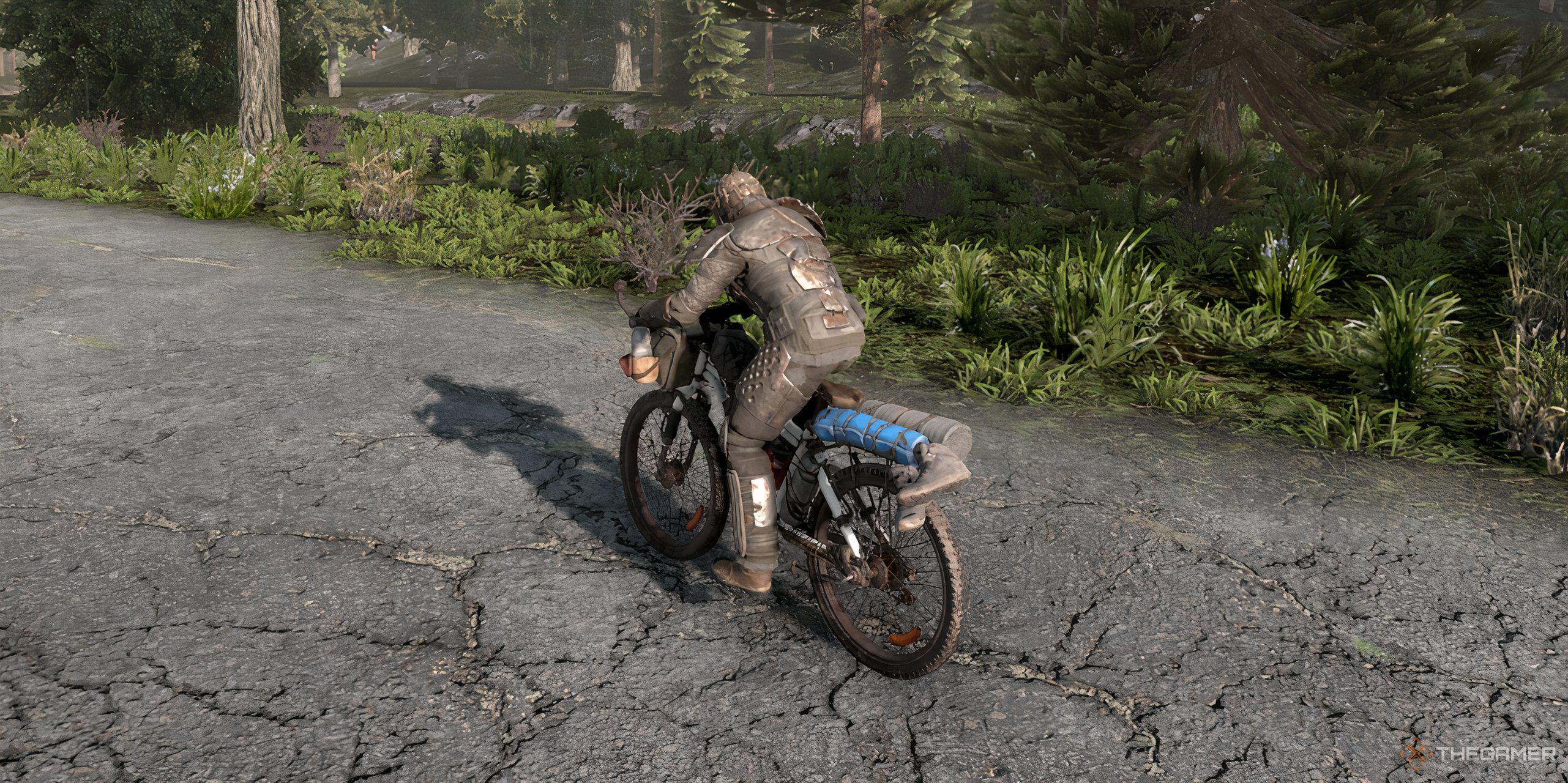 Close-up of a player character in armor riding a bicycle in the forest biome in 7 Days To Die.