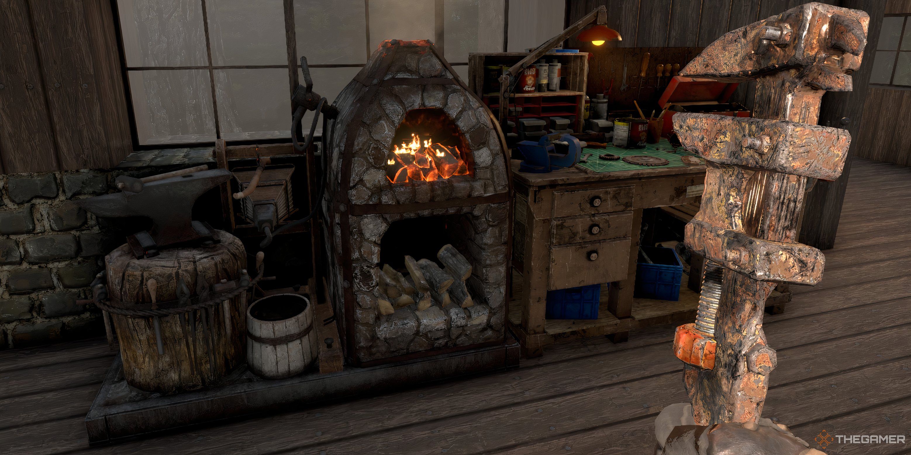 Player character holding a wrench in front of a forge and a workbench in a player house in 7 Days To Die.