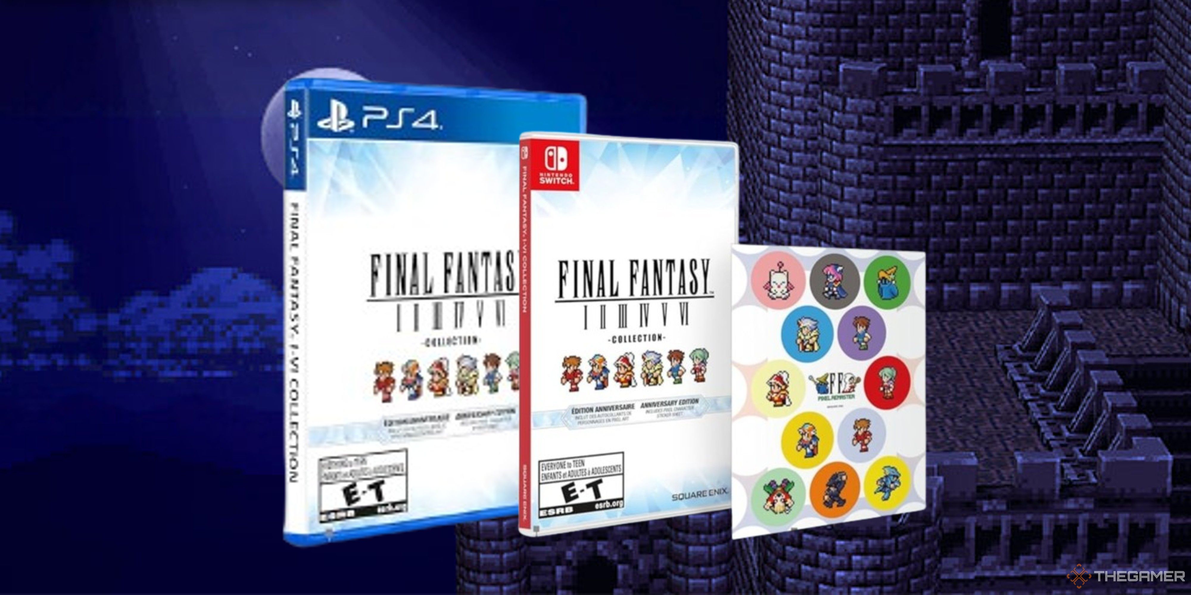 Final Fantasy Pixel Remaster on PS4 and Switch with a sticker sheet on a Final Fantasy 6 background-1