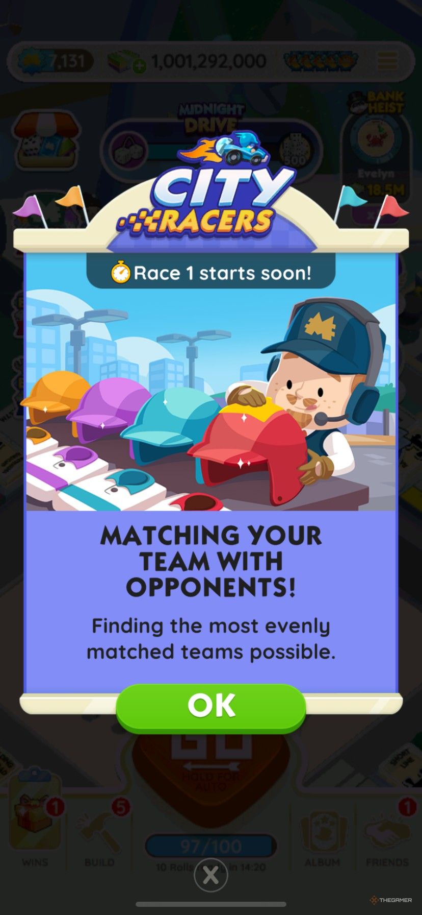 Getting matched with an opposing team in City Racers in Monopoly Go.