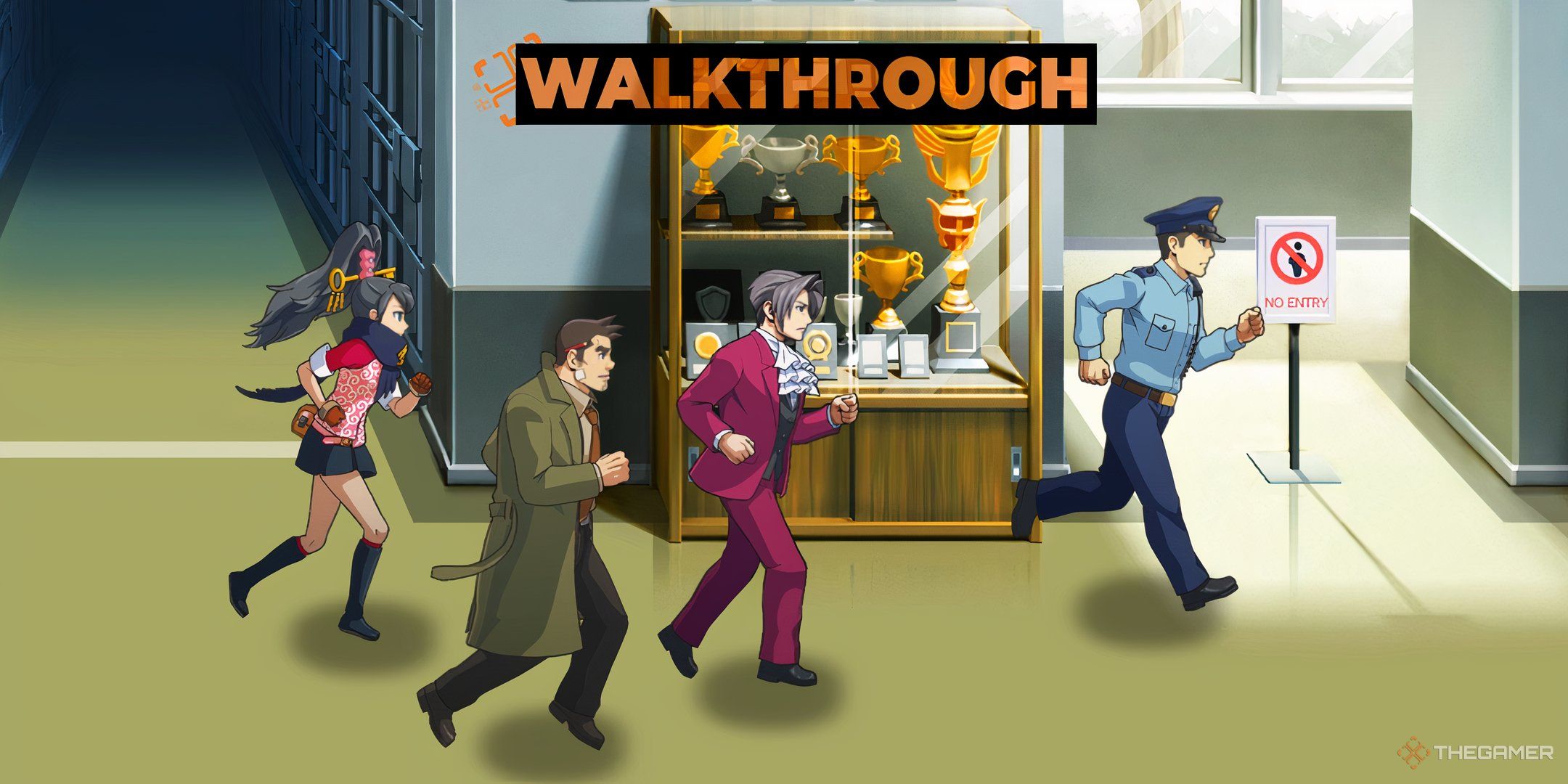 Gumshoe, Faraday, and Edgeworth running through a hallway with an officer in Ace Attorney Investigations 2 with the walkthrough logo overlaid.