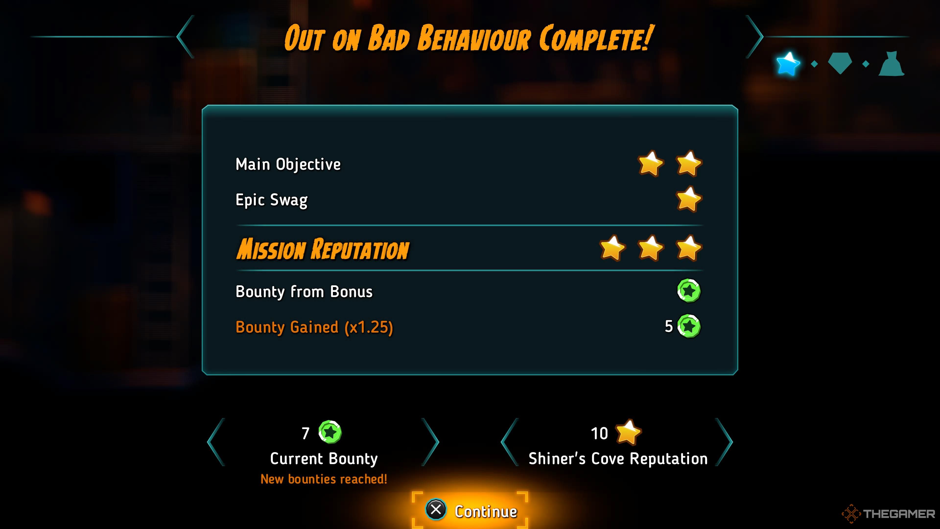 A mission results screen where the player has 7 Bounty Points in Steamworld Heist 2.