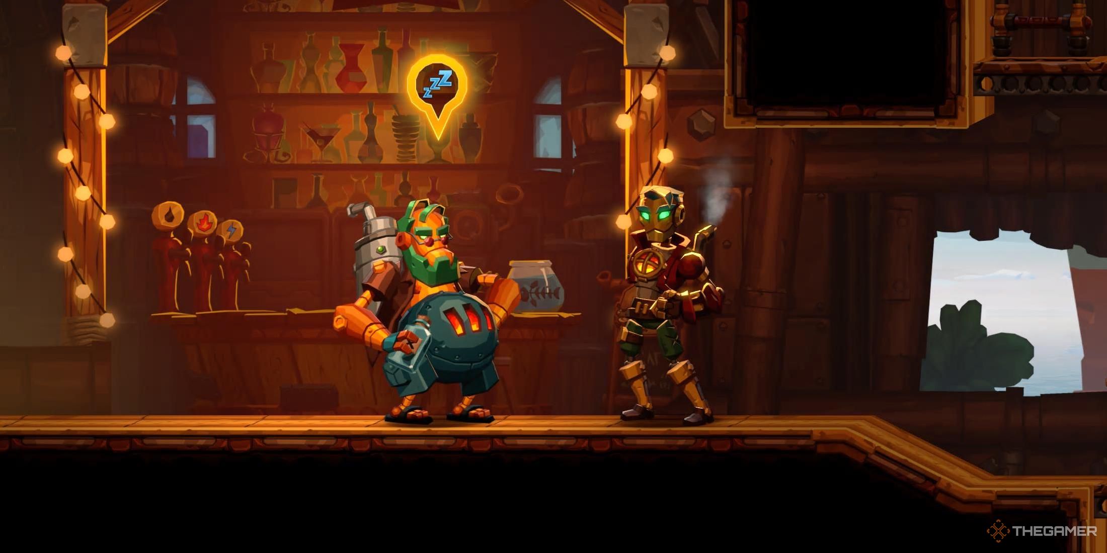 The player character talking to a bar owner in Steamworld Heist 2.