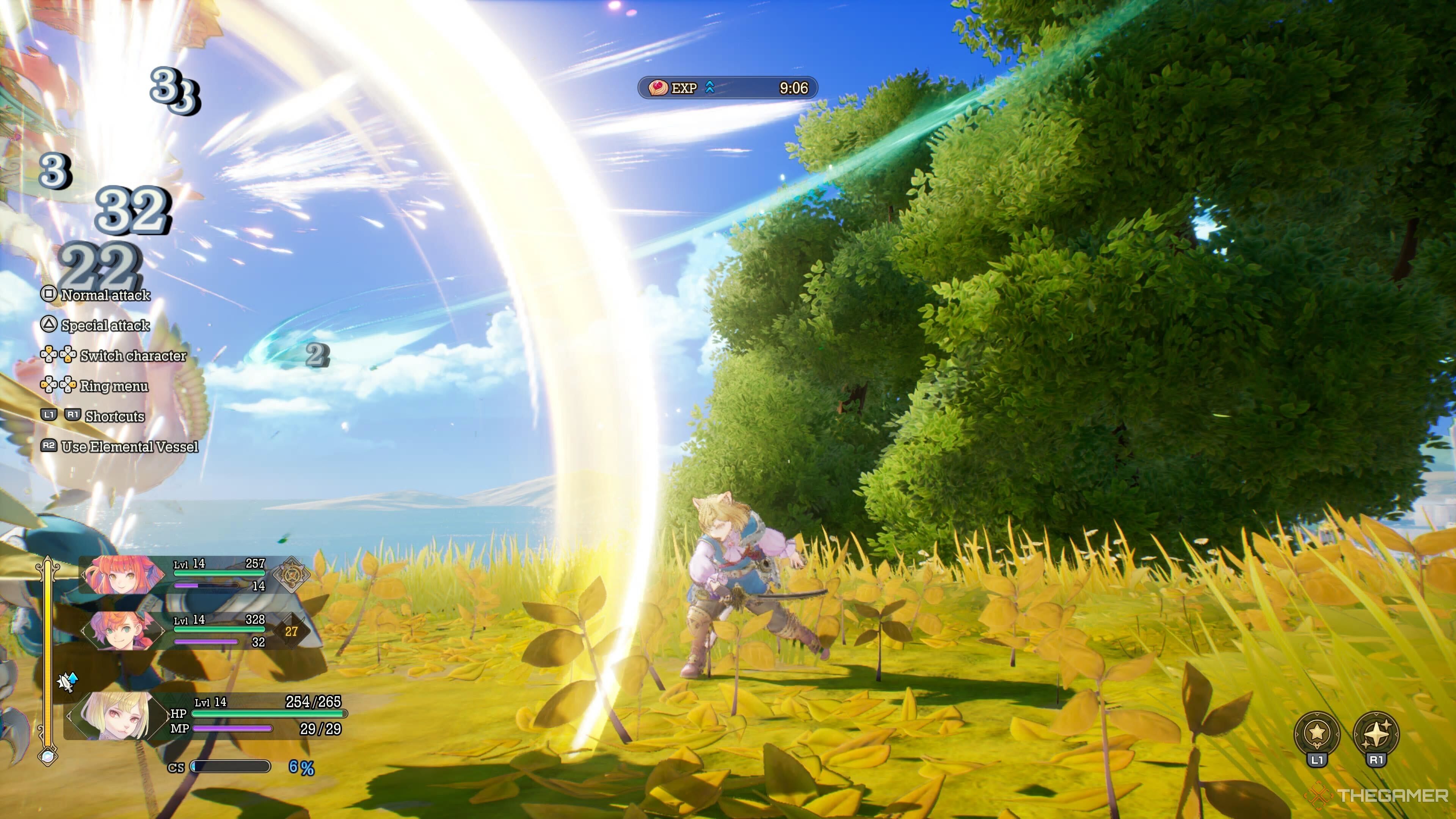 Morley tears apart the enemy on a grassy plain in Visions of Mana