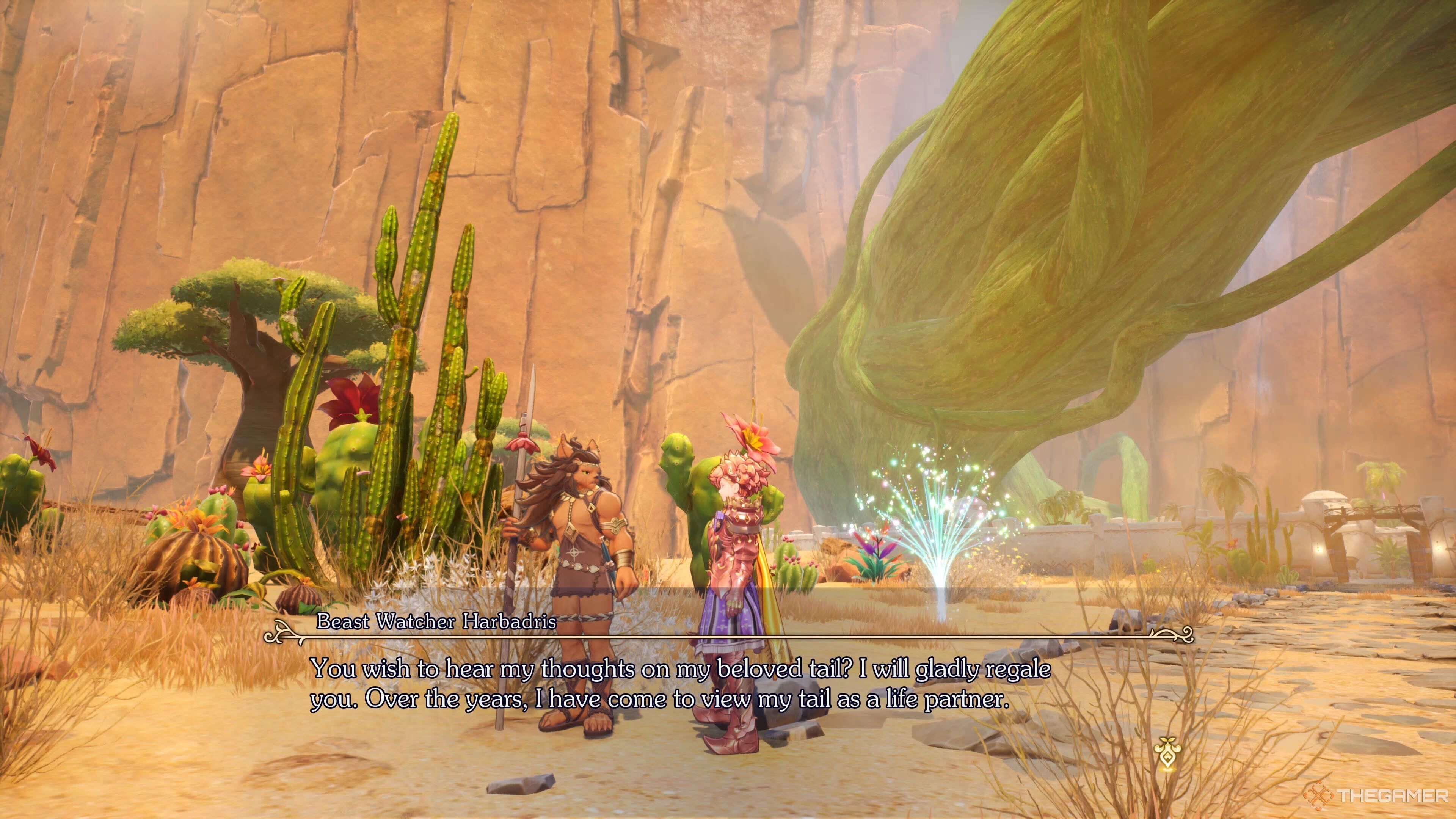 A beastfolk stands outside the settlement at Deade Cliffs in Visions of Mana