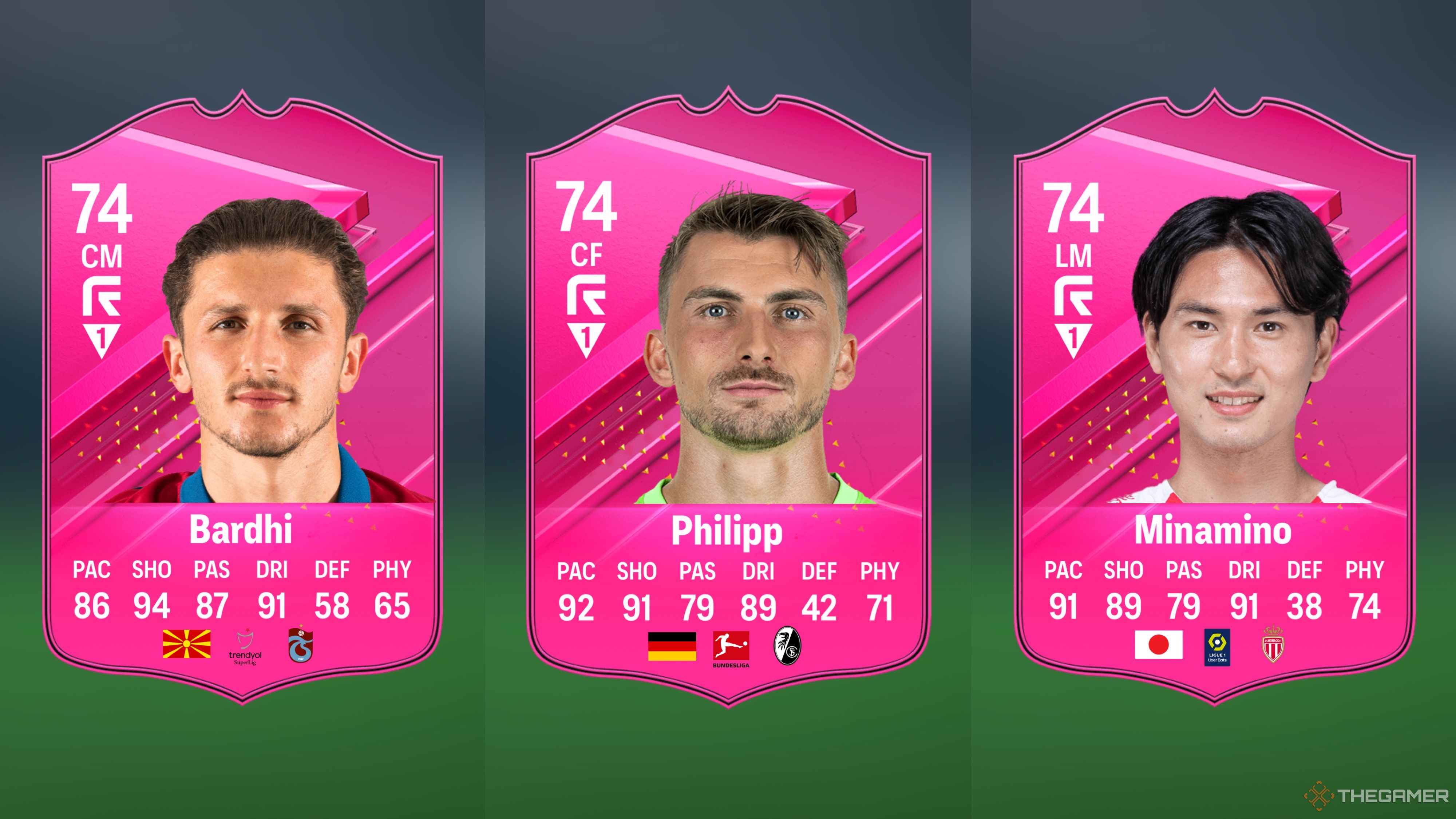 بهترین انتخاب های Futties Silver Defender Evolution در EA Sports FC 24 1 تصویری که کارت بردی، فیلیپ و مینامینو را در مقابل زمینی محو نشان میدهد.