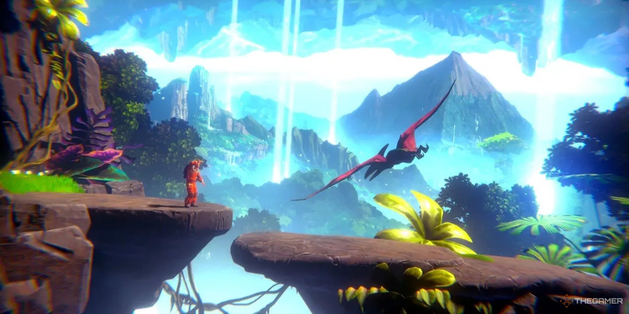 A screenshot from Little Orpheus. A figure in an orange suit stands on a ledge while a purple pterodactyl looms in the background.