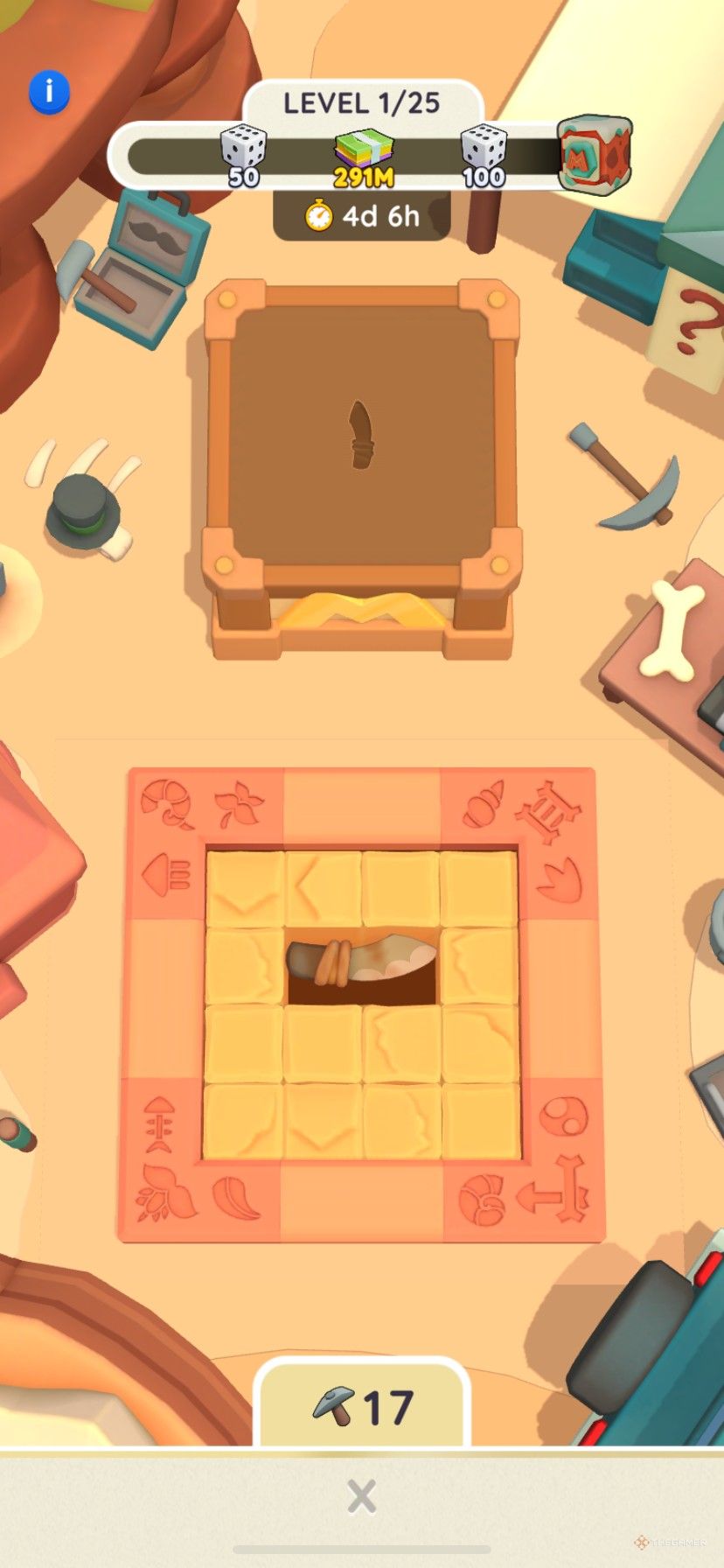 Locating the hidden item in with a Pickaxe in Dino Treasures in Monopoly Go