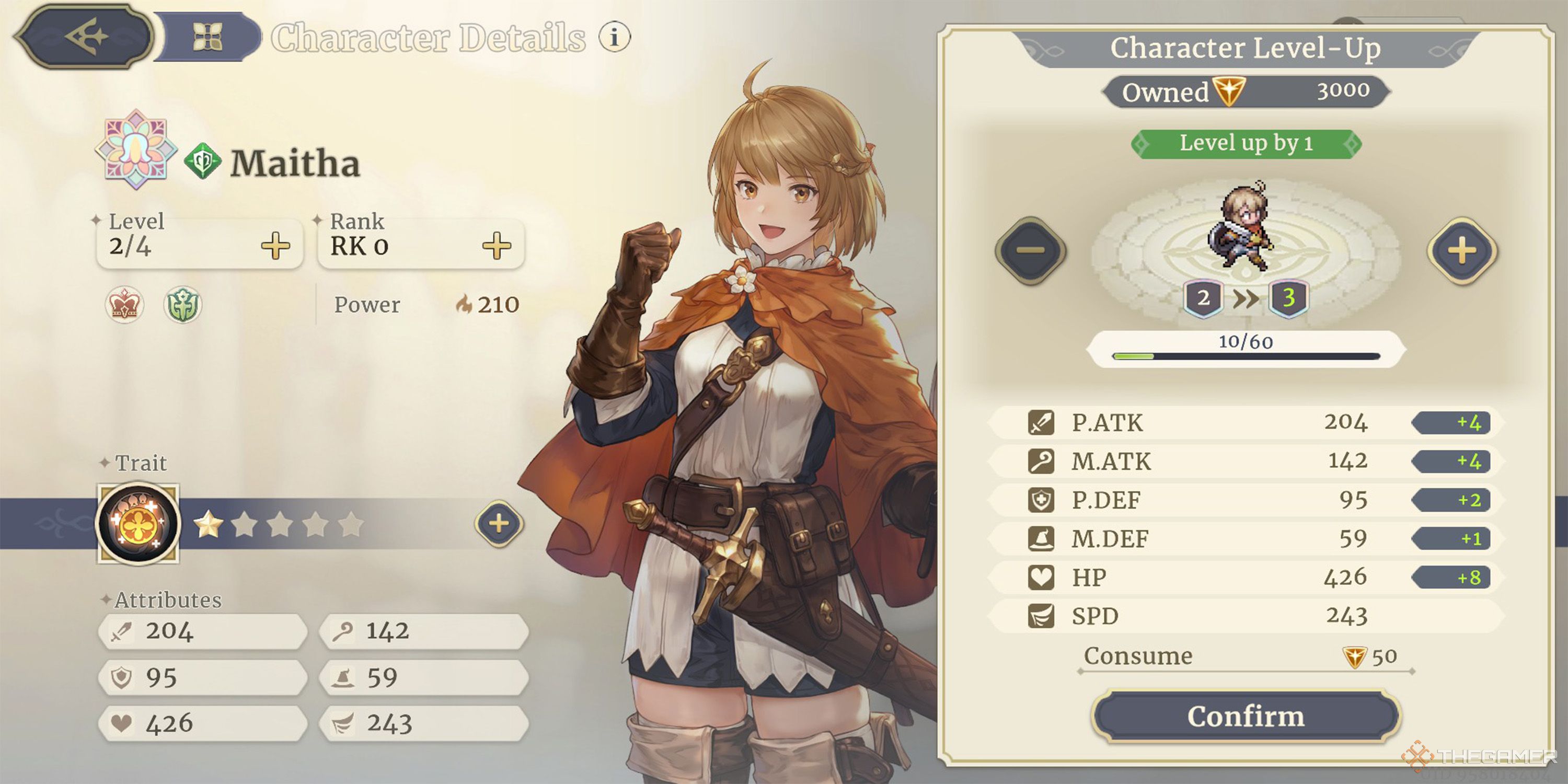 Maitha, a Legendary character, gets leveled-up in Sword Of Convallaria