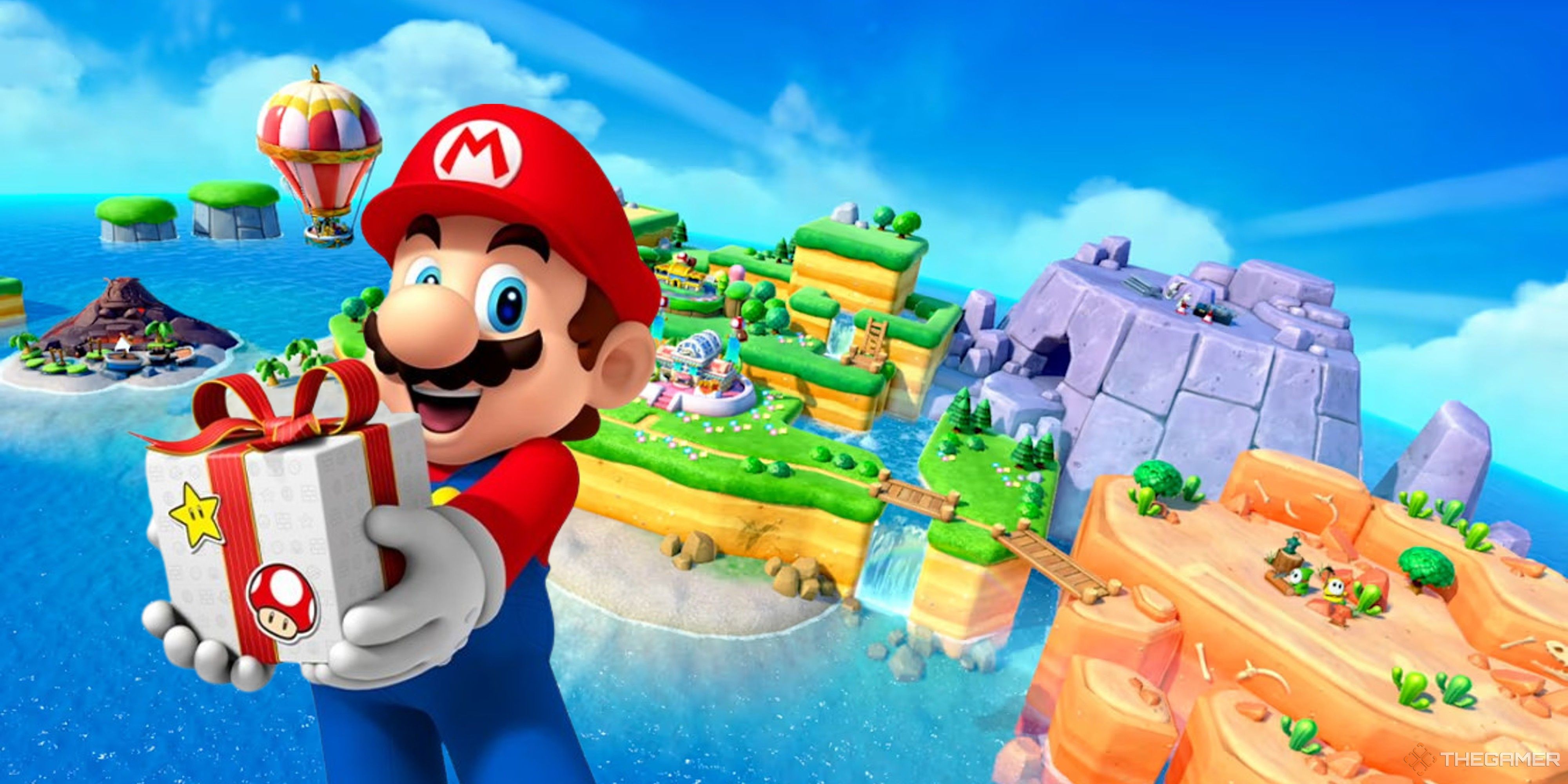 mario holding a present in front of some super mario party jamboree boards