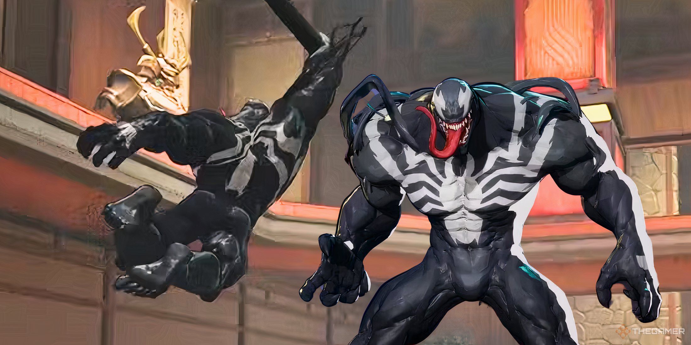 Marvel Rivals' Venom swinging across a room.