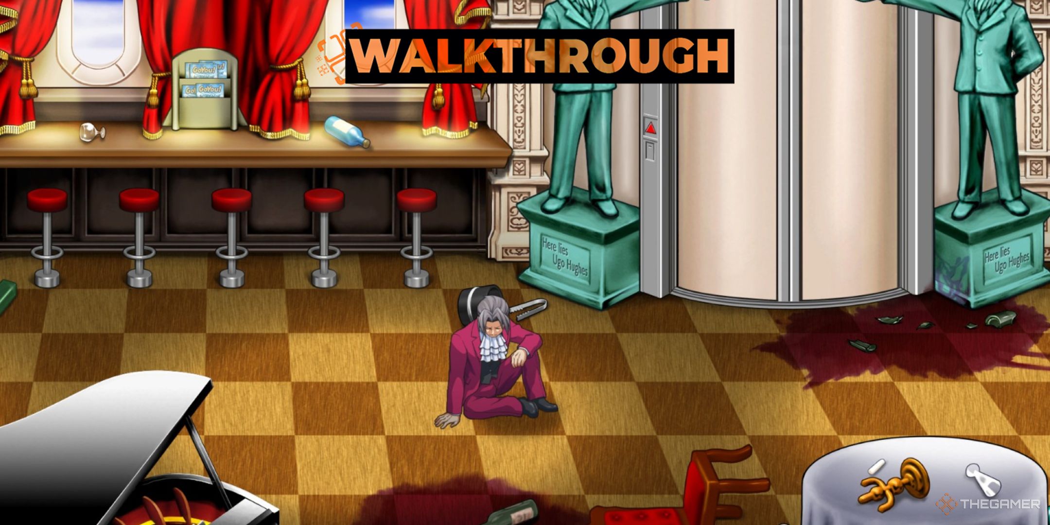 Miles Edgeworth on the ground in Case 2 of Ace Attorney Investigations with a Walkthrough sign overlaid.