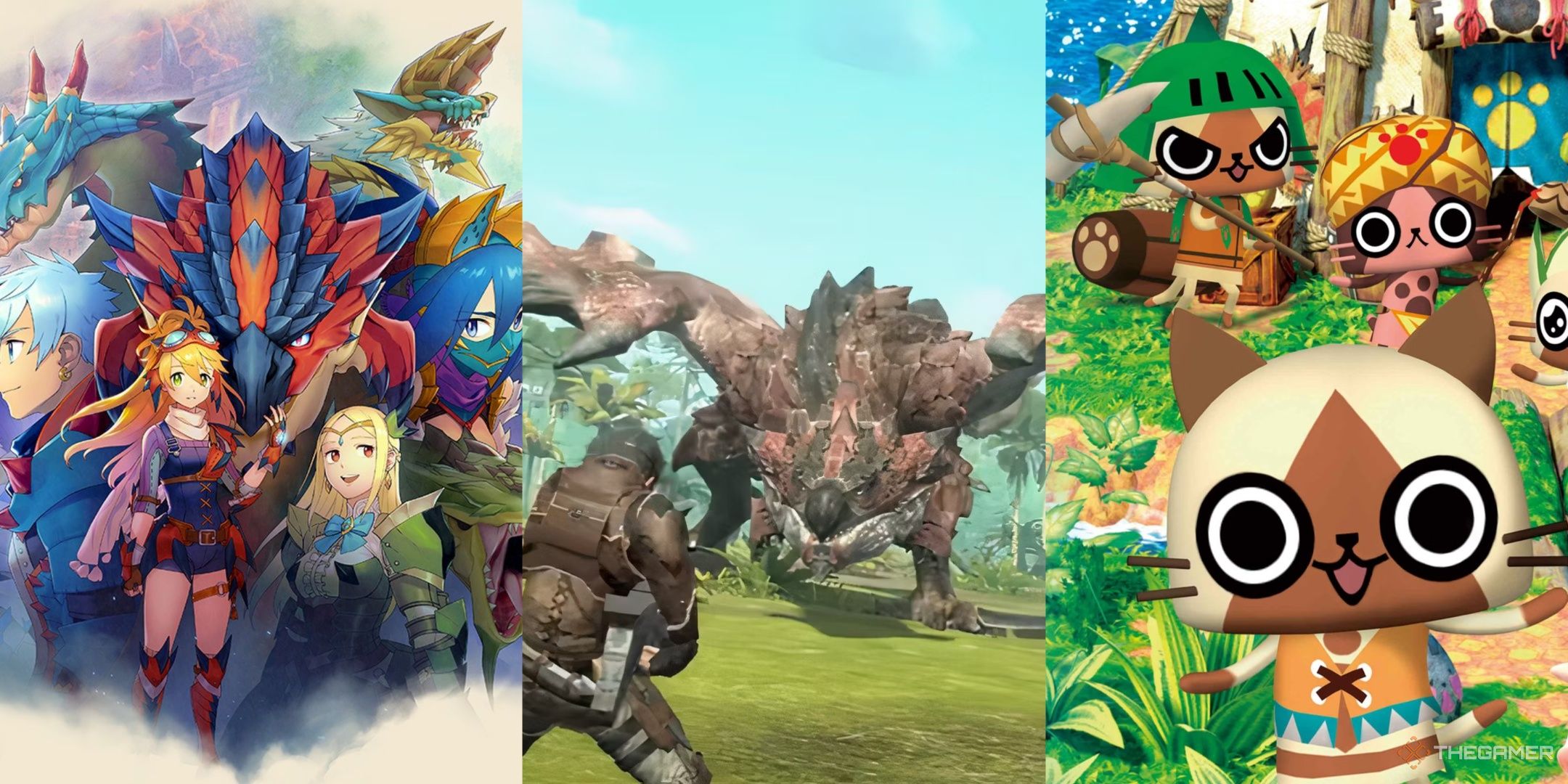 Characters in Monster Hunter Riders, a player attacking a rathalos in Monster Hunter Now, and a set of Felynes in Monster Hunter Diary.