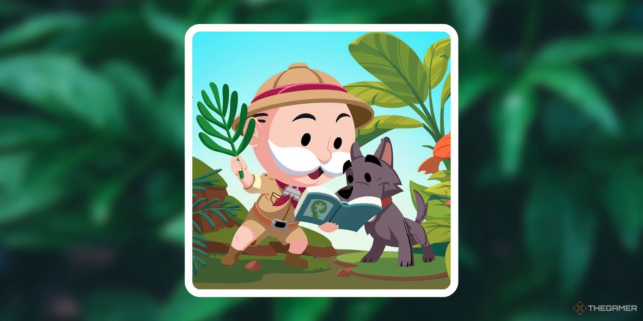 Mr. Monopoly and Scottie reading a book about plants for Floral Face-Off in Monopoly Go.