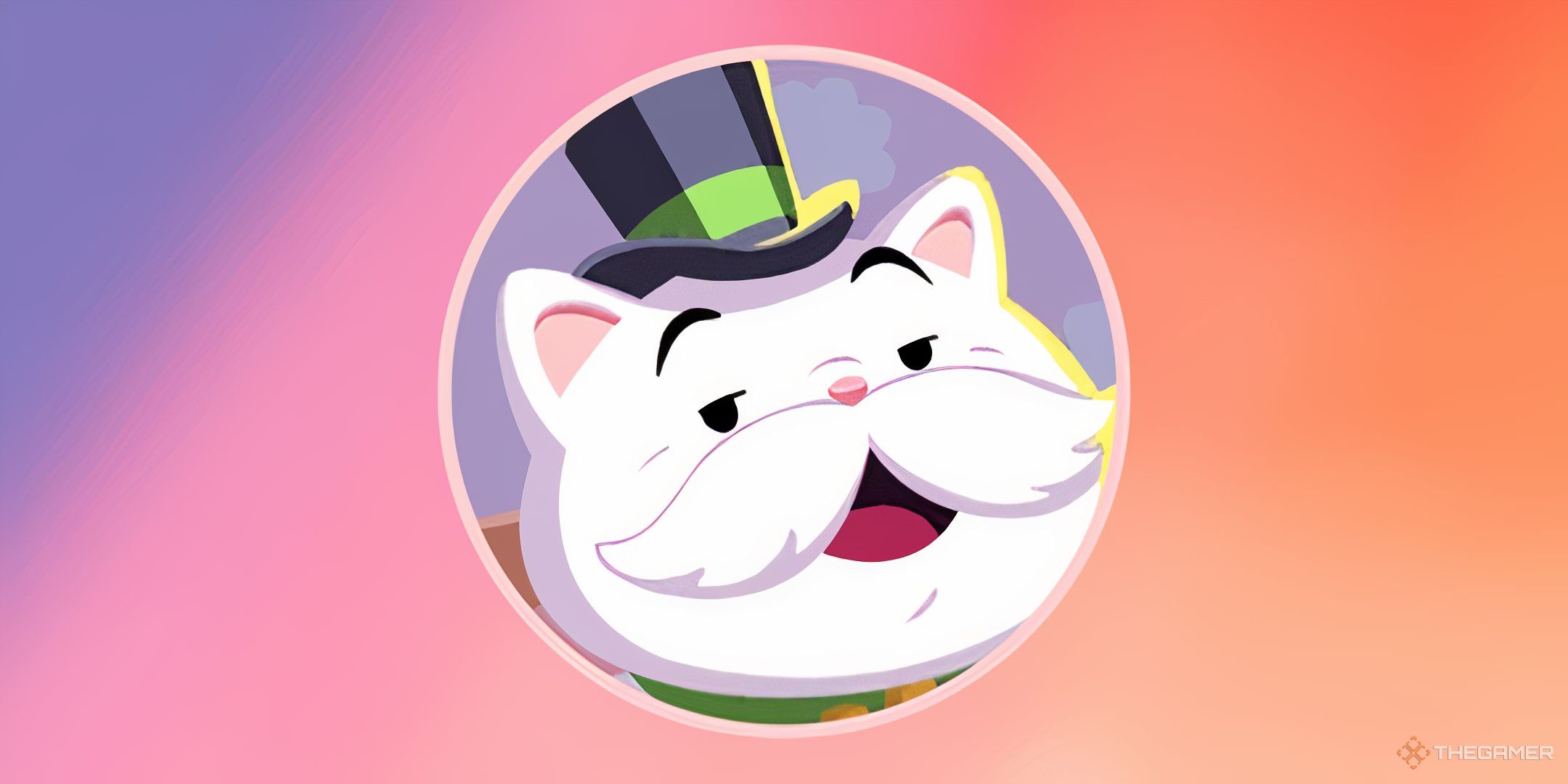 Mr. Monopoly as a cat in a frame over a purple to orange ombre background for Nine Lives Luxury in Monopoly Go.