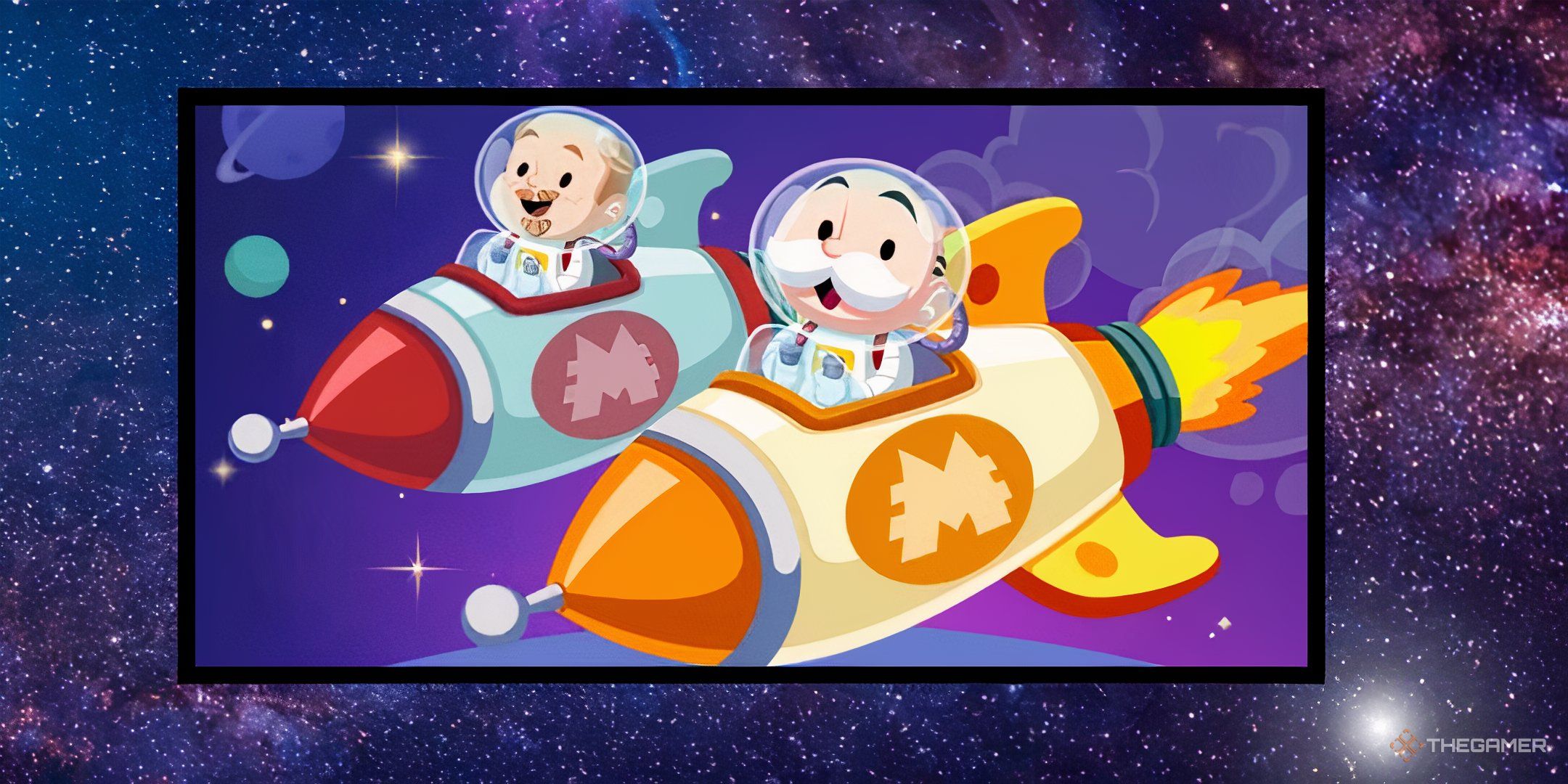 Mr. Monopoly flying on a rocket through space with a friend during the Space Sprint tournament in Monopoly Go.