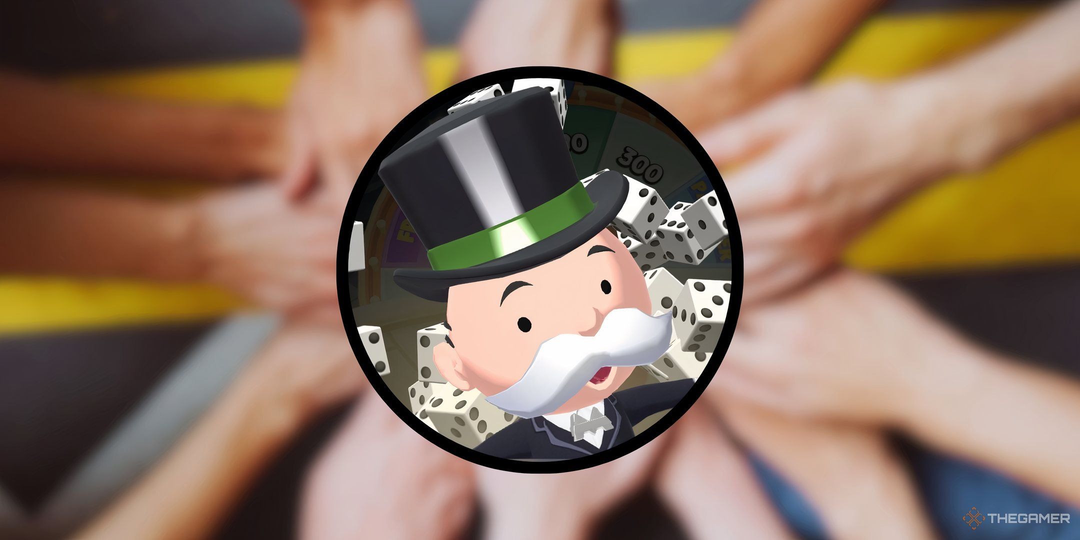 Mr. Monopoly in front of people putting their hands together for teamwork for the Monopoly Go partner events.