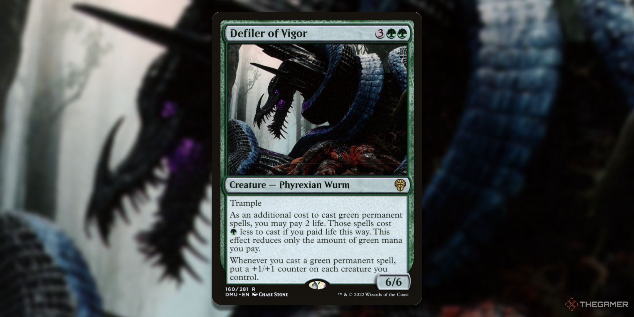 MTG Defiler of Vigor card with the graphic in the background.