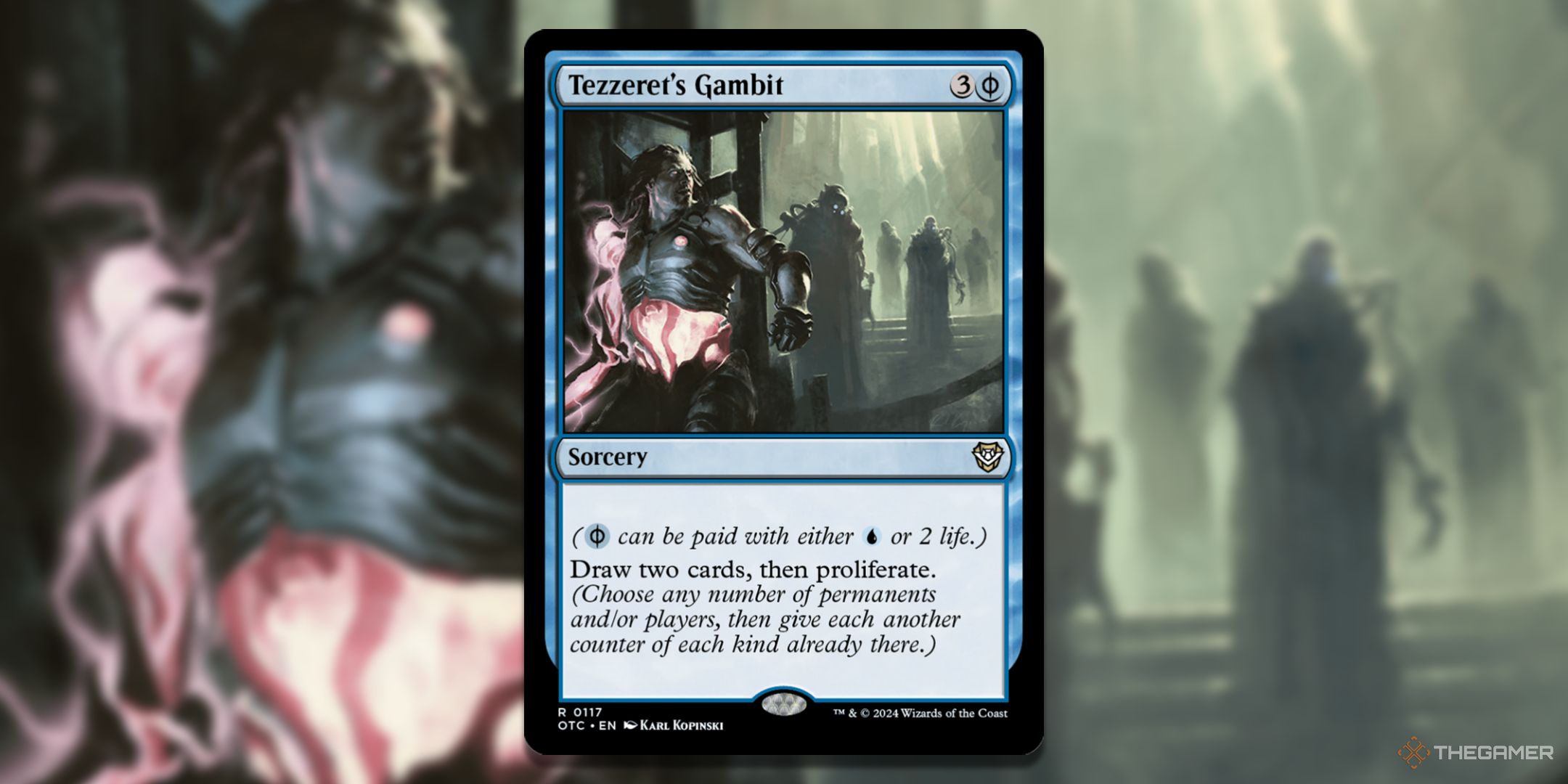 MTG Tezzeret's Gambit card with the graphic in the background.