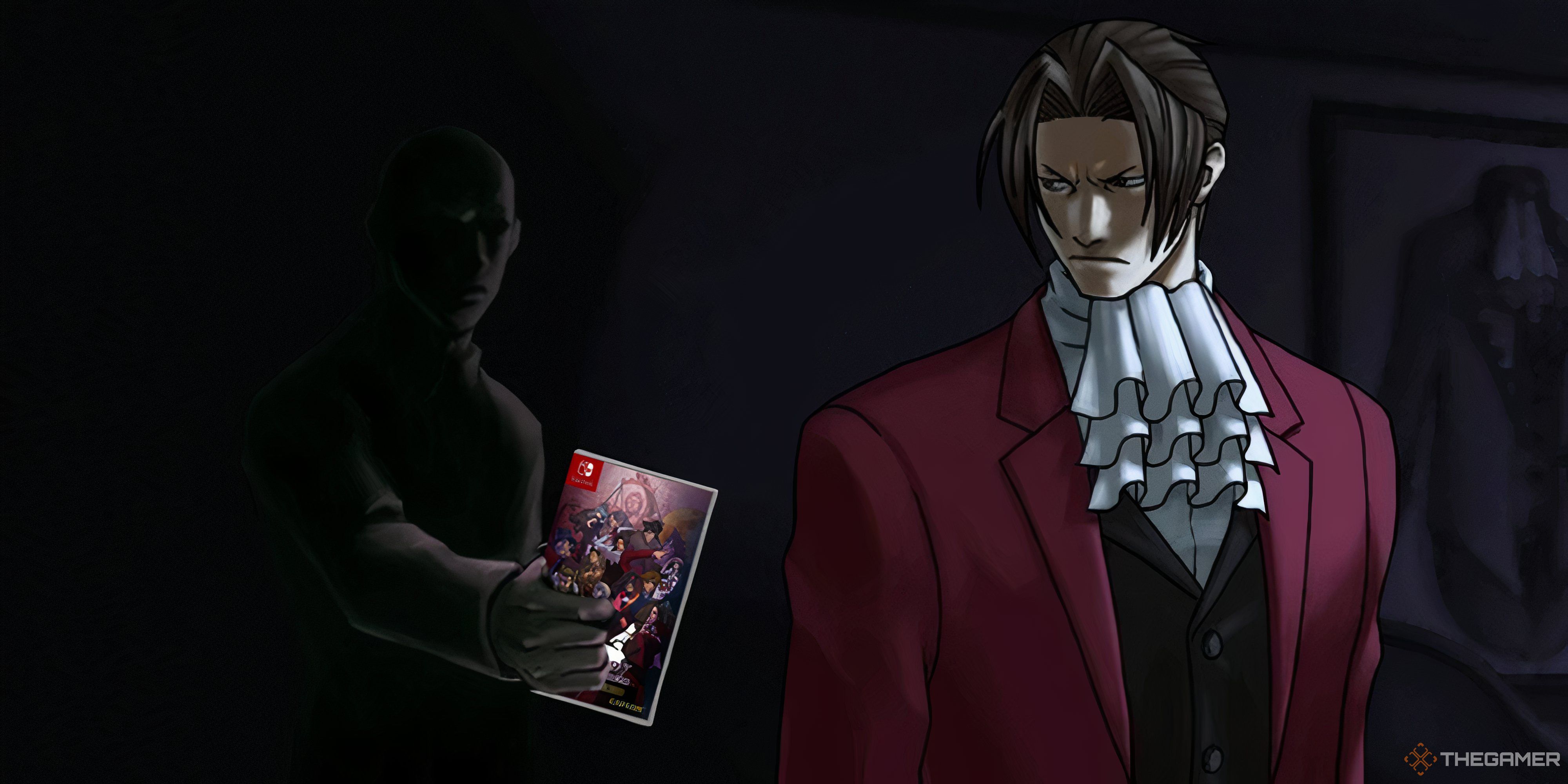 a silhouette handing miles edgeworth a copy of ace attorney inevstigations collection