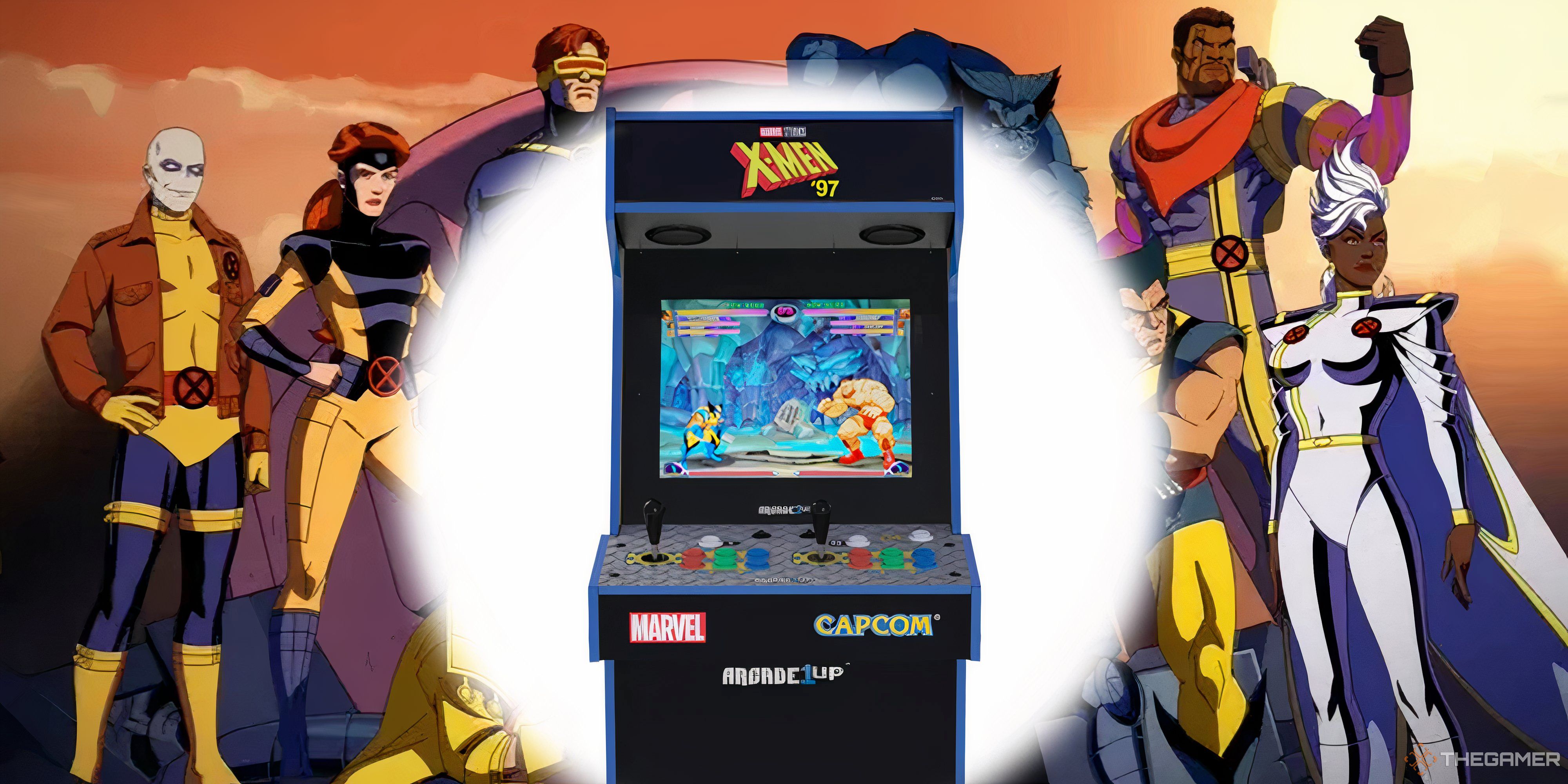 arcade1up x-men 97 machine with x-men 97 characters behind it