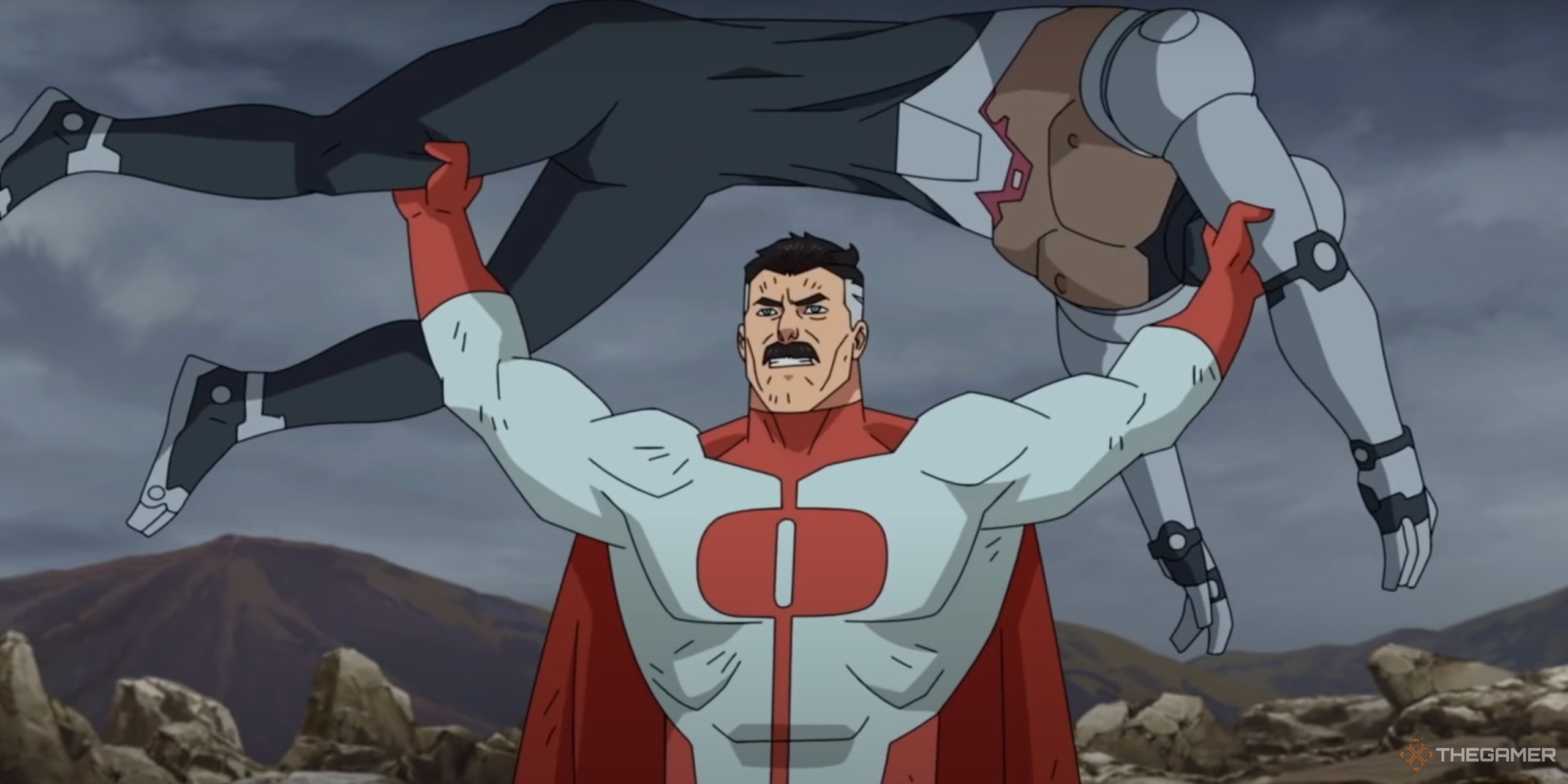 Omni-Man holding a man above his head in a canyon from Invincible.