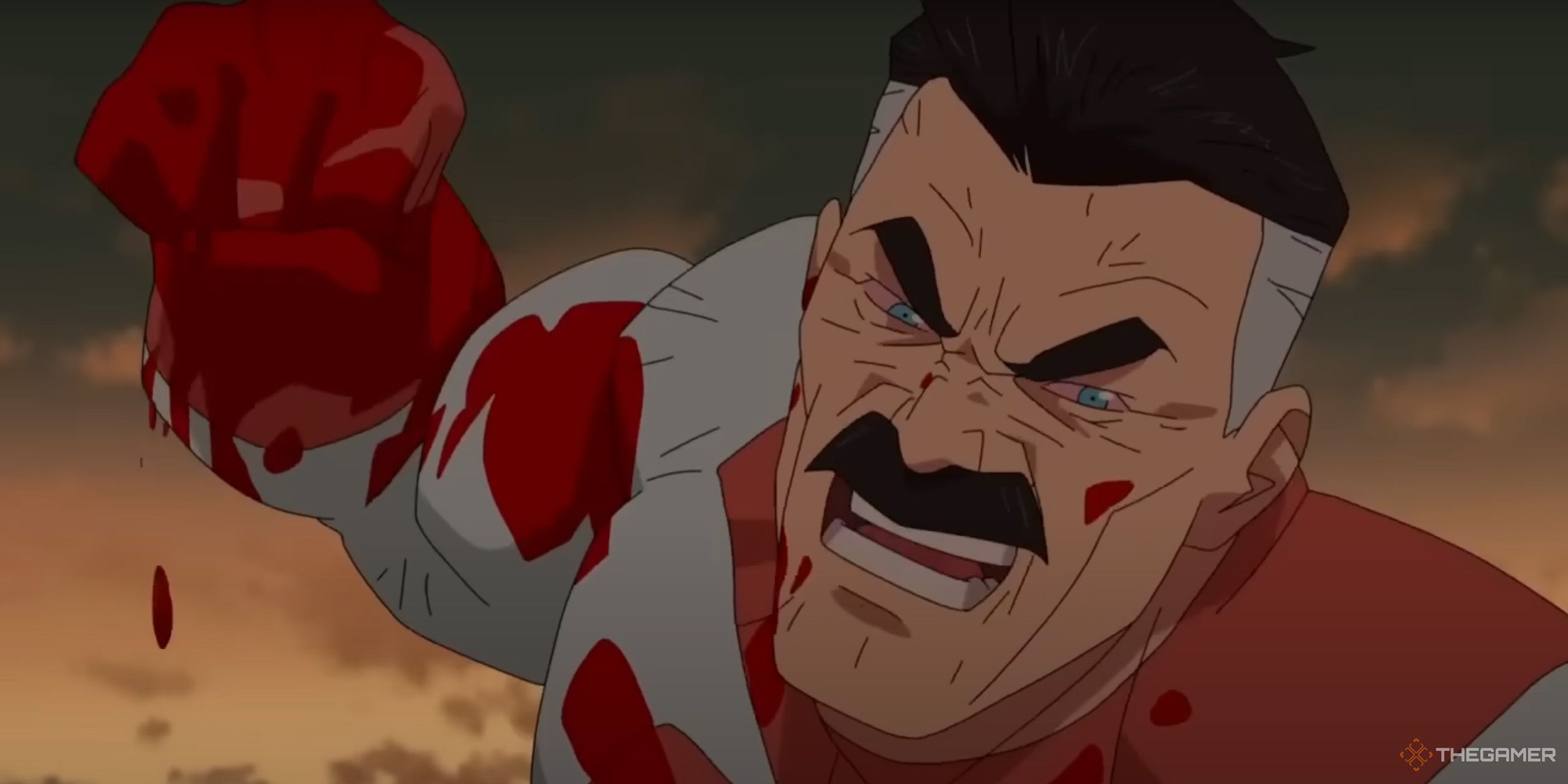 Omni-Man screaming and reeling back a bloody fist in Invincible.