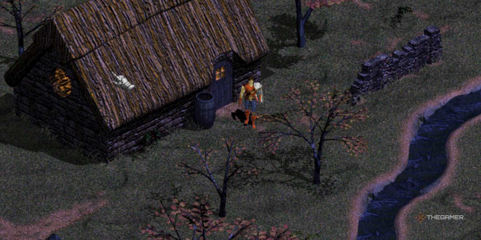 Original Diablo player standing by a river in front of a brick house with a thatch roof