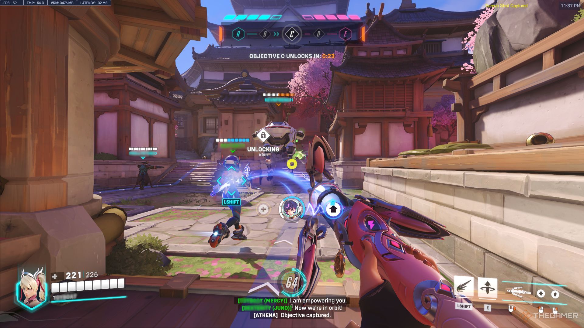 A screenshot of Mercy playing the Clash Game Mode in Overwatch 2. 