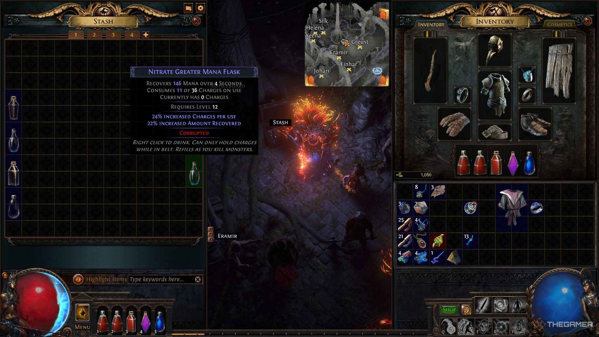 تصویر مخفیگاه در Path of Exile، با فلاسک خراب برجسته شده است. 