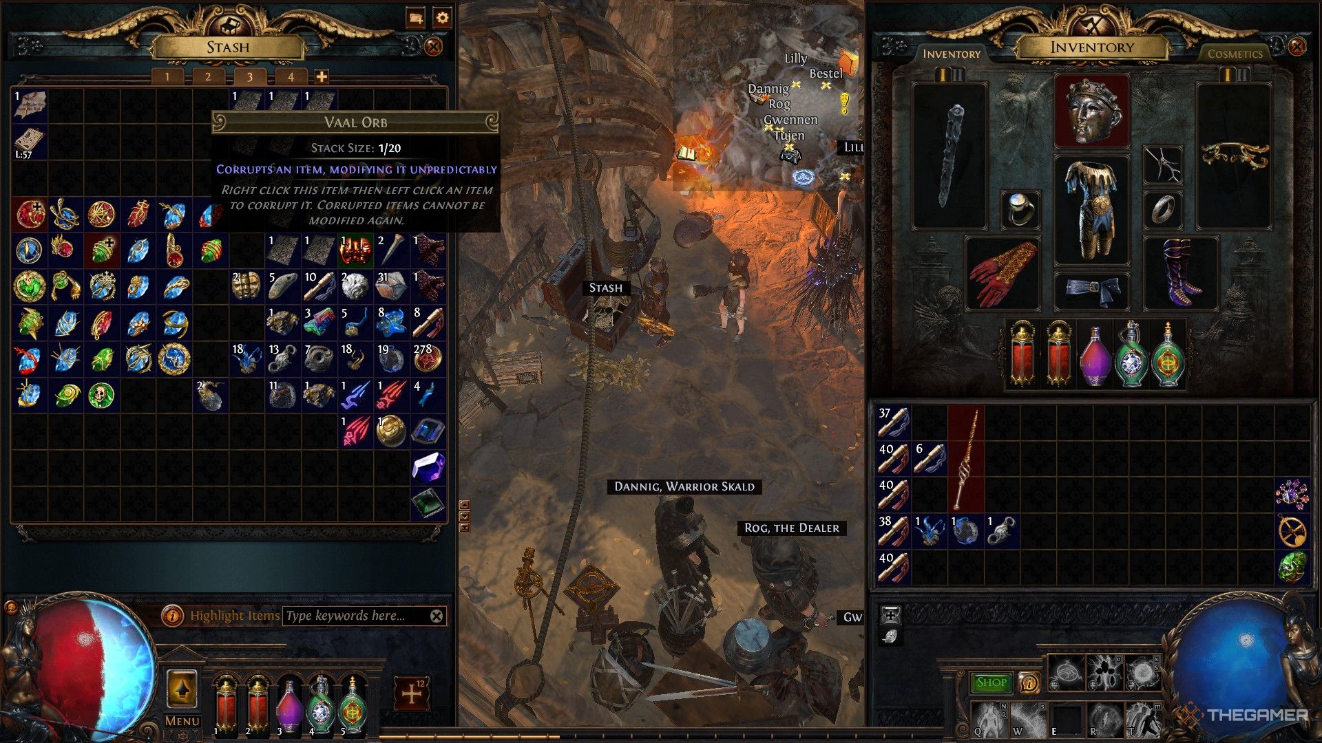 تصویر بازیکن موجود در مخفیگاه Path of Exile که به یک گوی Vaal نگاه می کند. 
