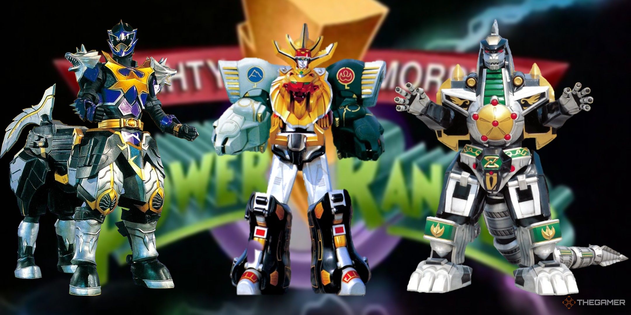 Power Rangers collague image showing the Centaur, Wild Force and Dragon Megazords.