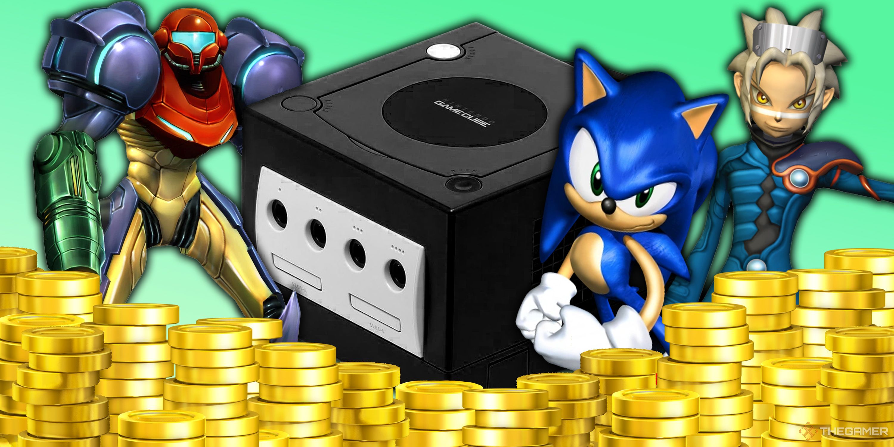 Samus, Sonic, Pokemon Colosseum's Wes, and a black GameCube surrounded by large stacks of gold coins.