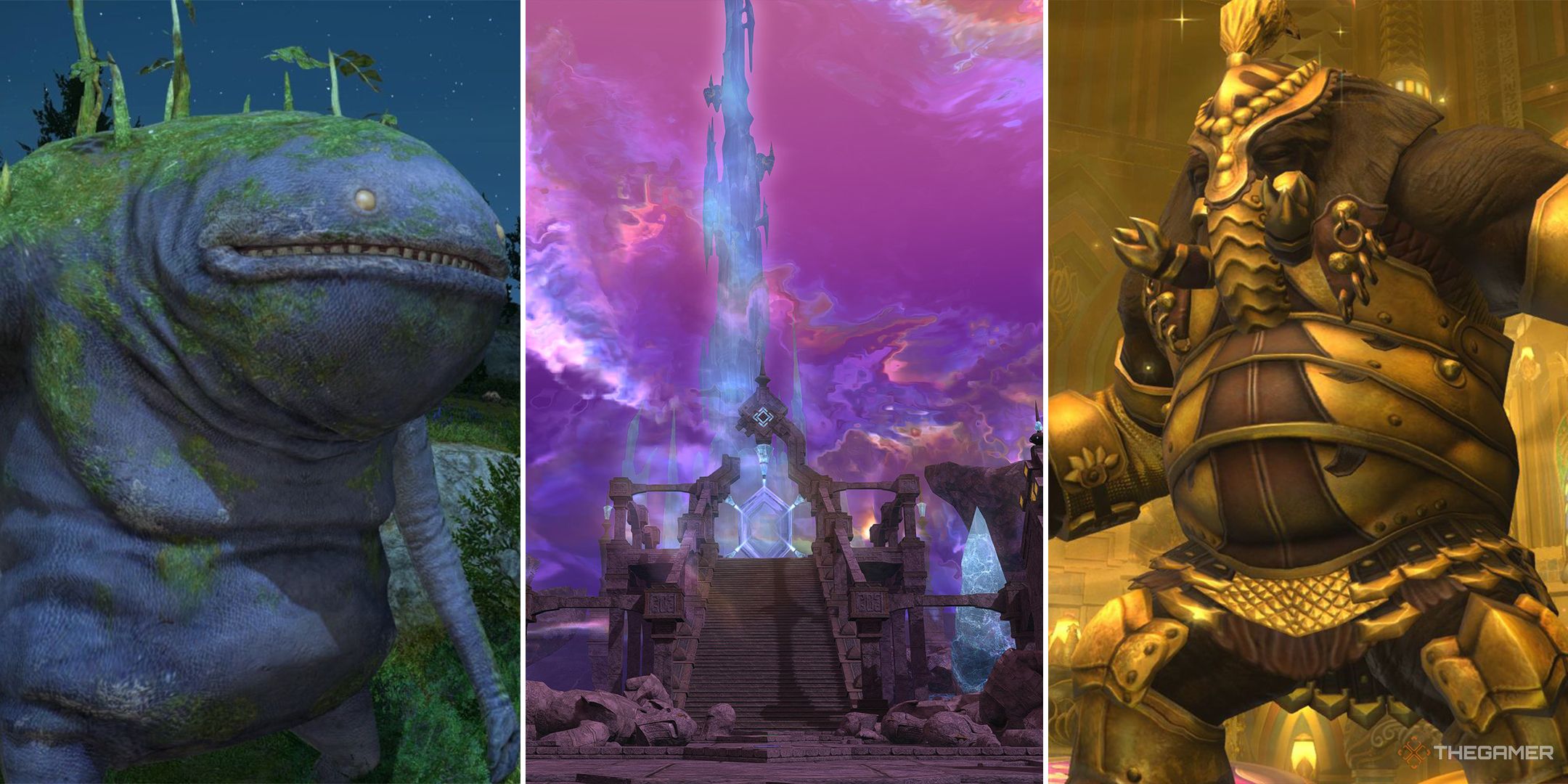 A split image of an S-Rank Goobbue, the entrance to Eureka Orthos, and a gilded enemy in Uznair.