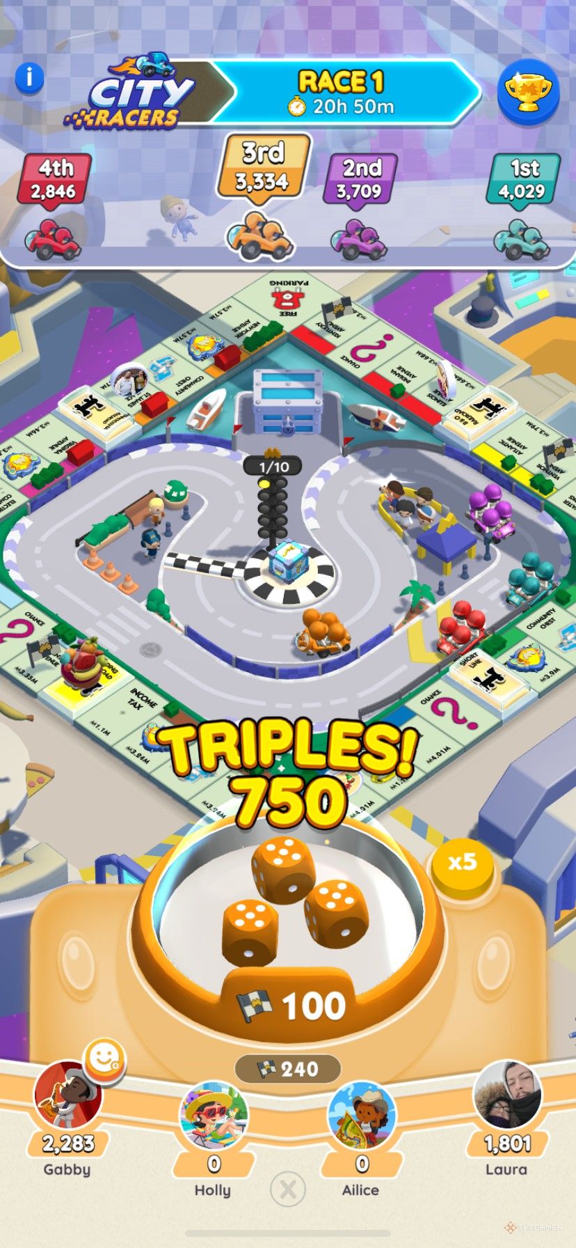 Rolling triples during the City Racers event to earn points in Monopoly Go.