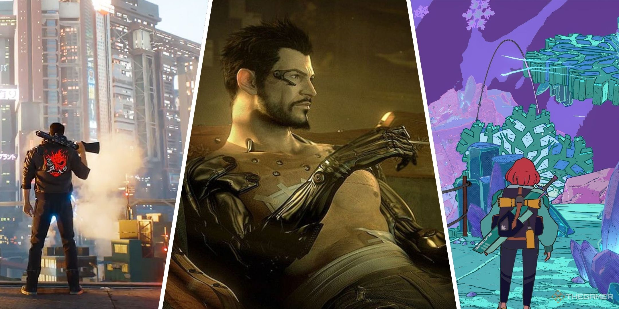 RPGS With No Party Members New Feature Image With V From Cyberpunk 2077, Adam Jensen From Deus Ex Human Revolution, And Luisa From Dungeons Of Hinterberg.