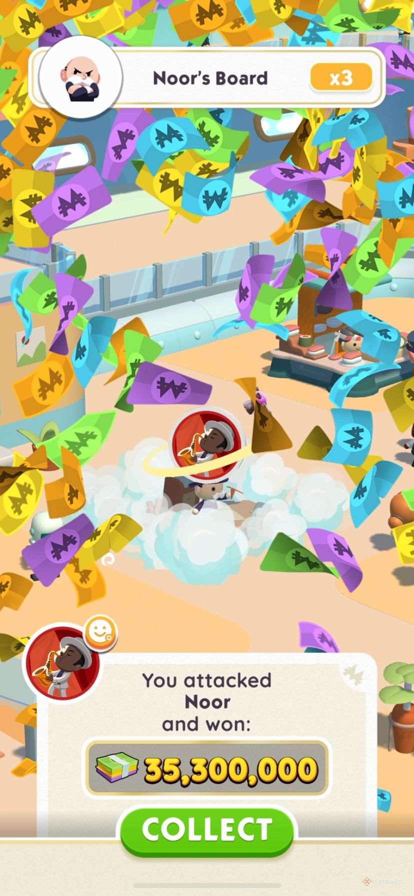 Shutting down an opponent during Laboratory Lift-Off in Monopoly Go.