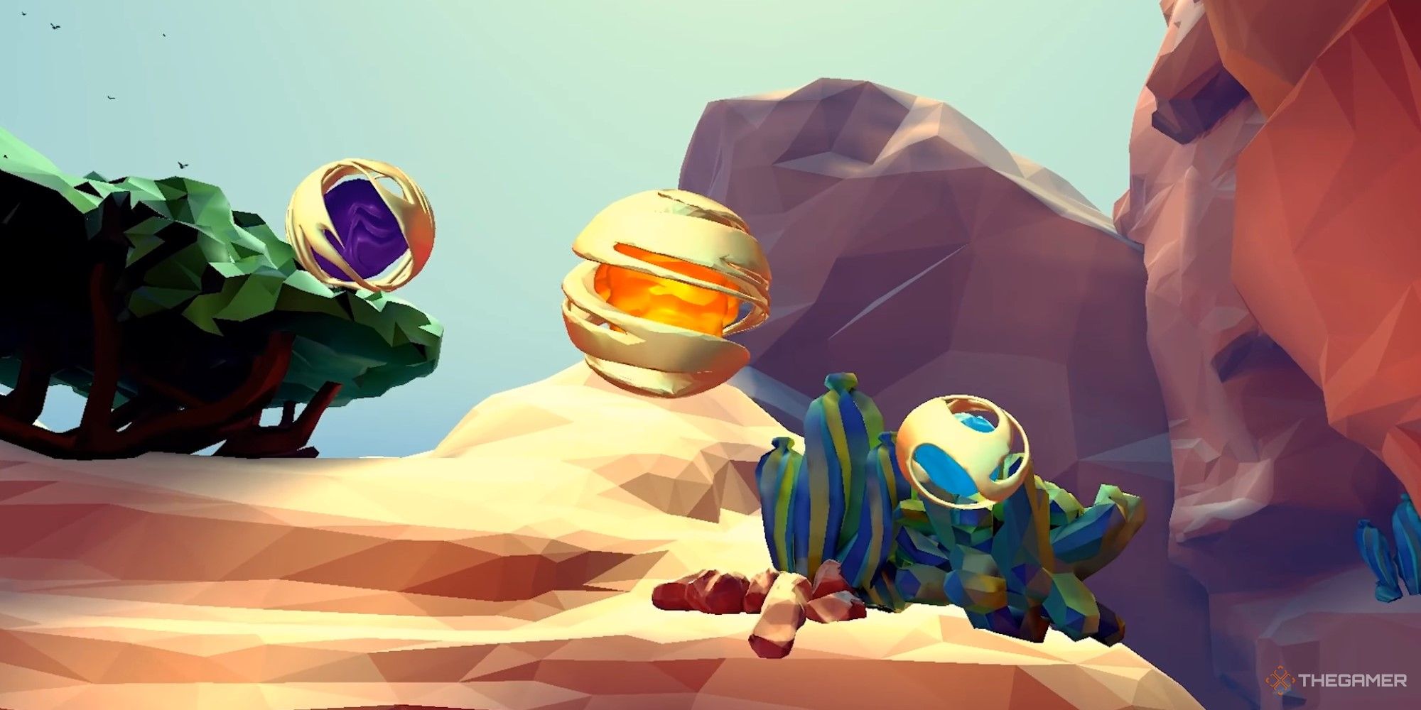 A screenshot from So Let Us Melt. Three colorful machines floating in front of a desert landscape.