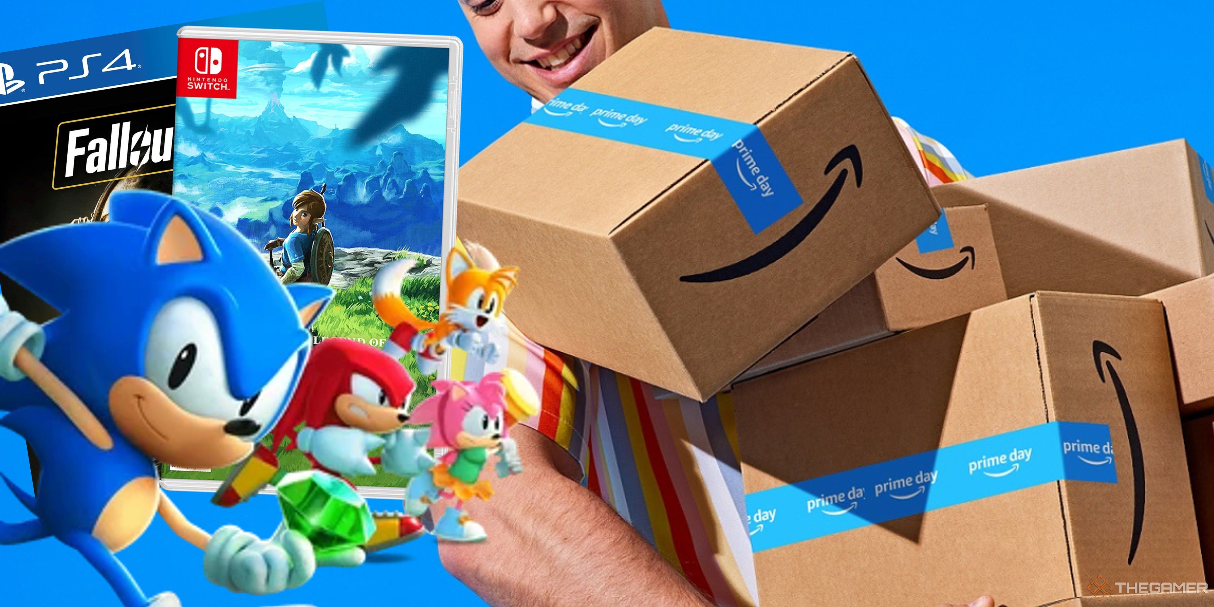 sonic superstars characters and copies of fallout 76 and breath of the wild on an amazon packages background