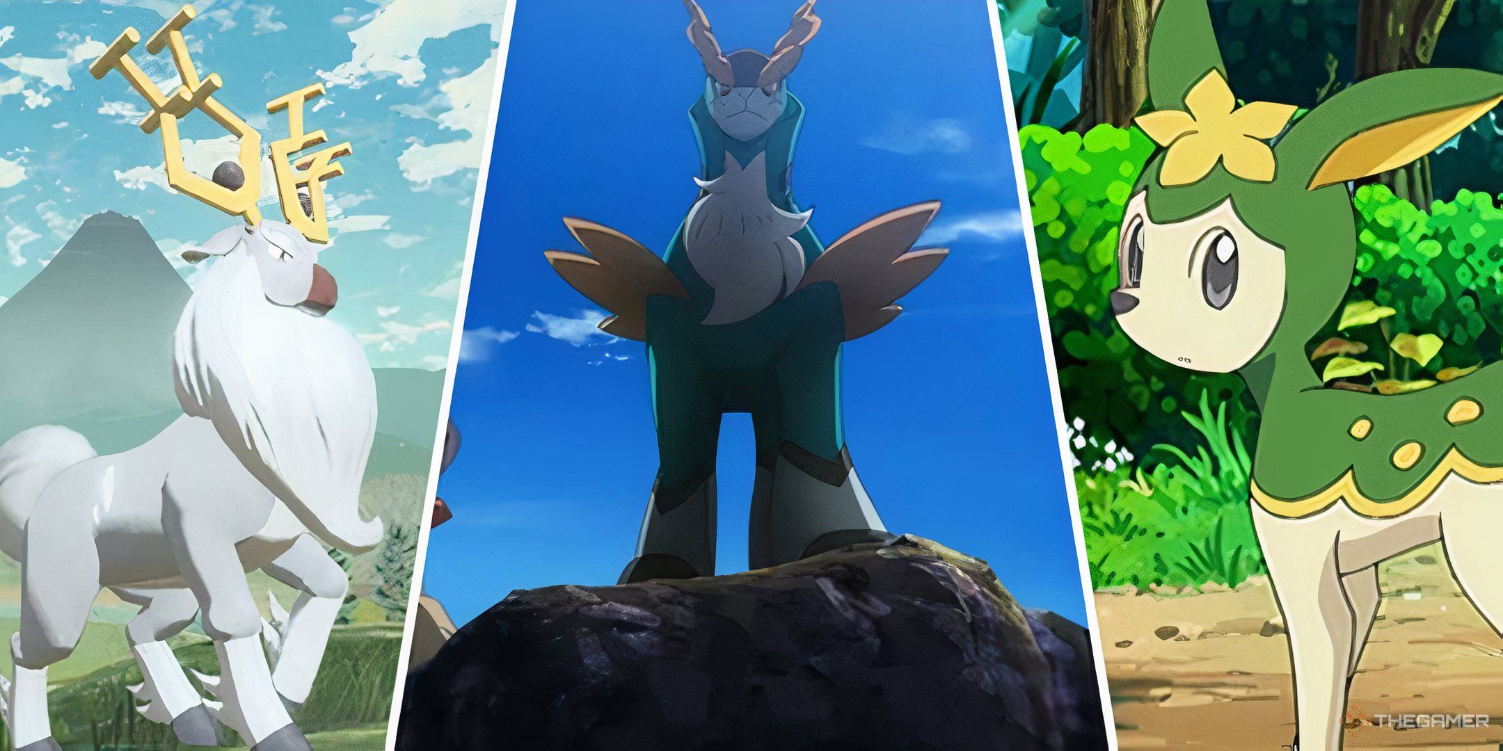 Split images of the Pokemon Wyrdeer, Cobalion, and Deerling.