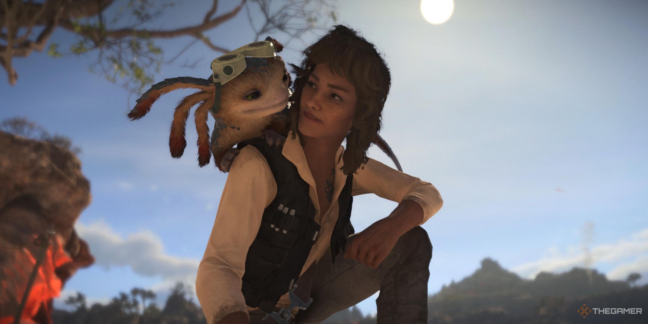 Nix on Kay's shoulder on Toshara in Star Wars Outlaws.