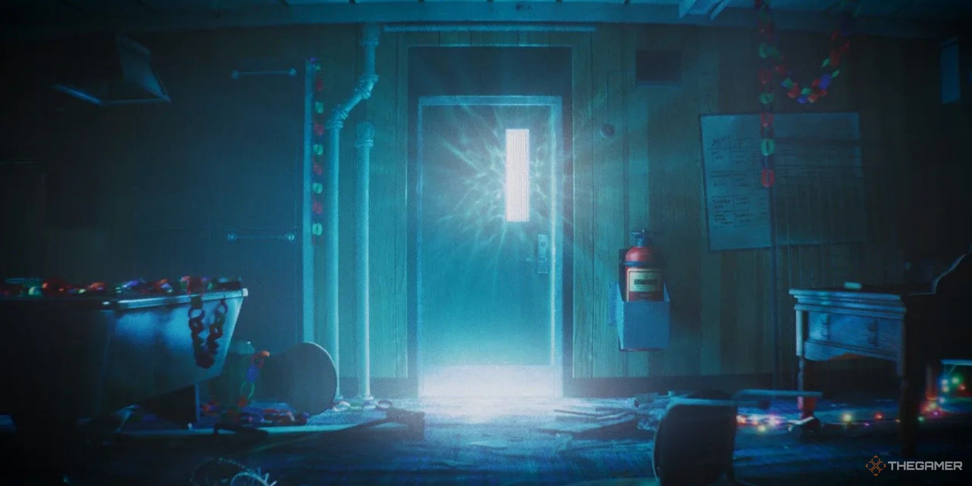 A screenshot from Still Wakes The Deep. A strange blue glow penetrates through a door into a room filled with the remains of a party.